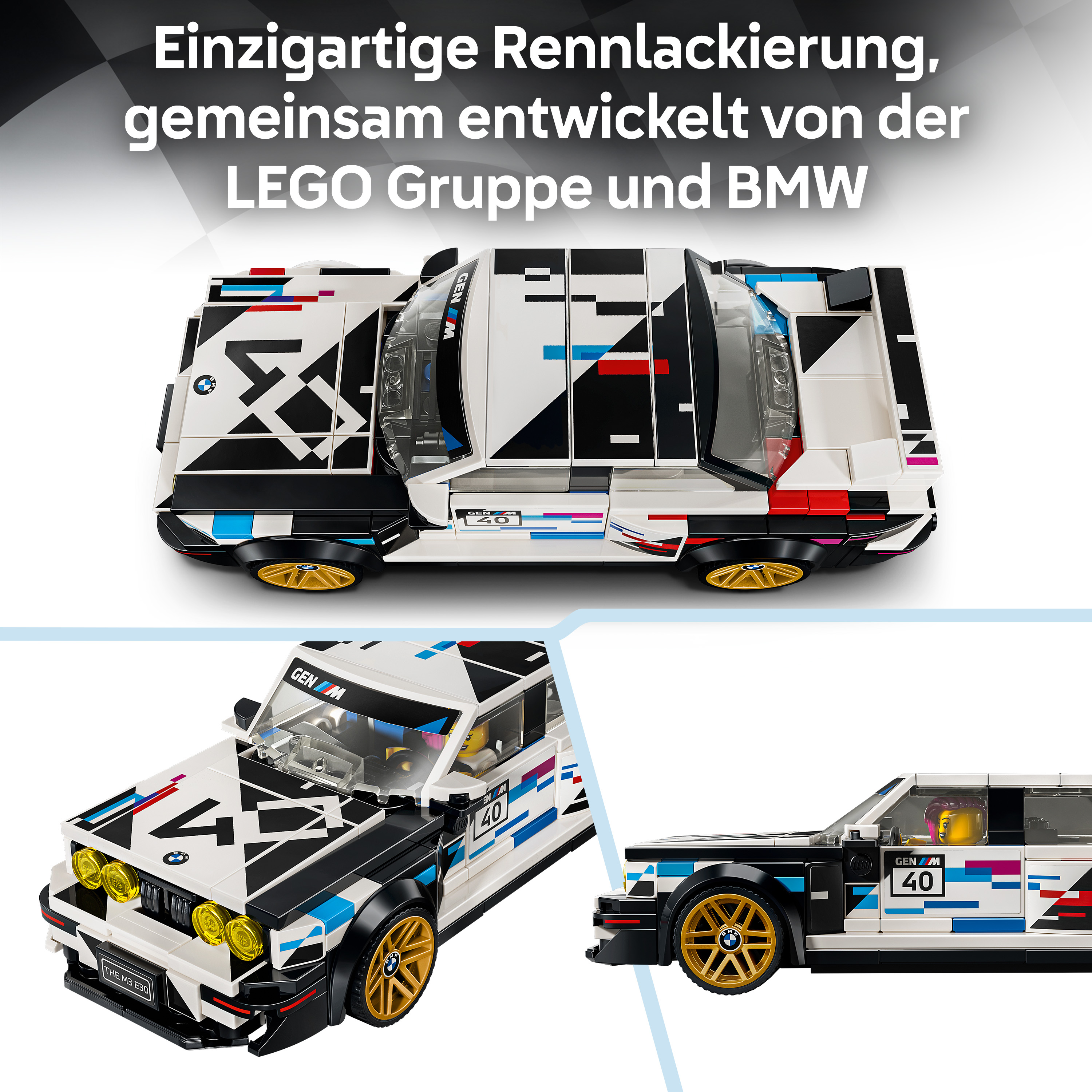 Eine LEGO BMW M3 E30 Rennwagen Collage mit weißem, schwarzem und blauem Design sowie goldenen Felgen.