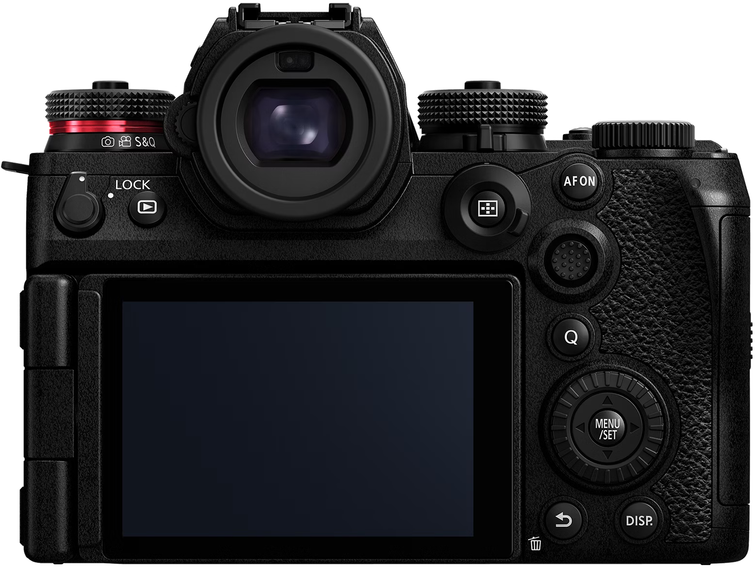 Vue arrière d'un appareil photo numérique noir avec commandes, écran et viseur.