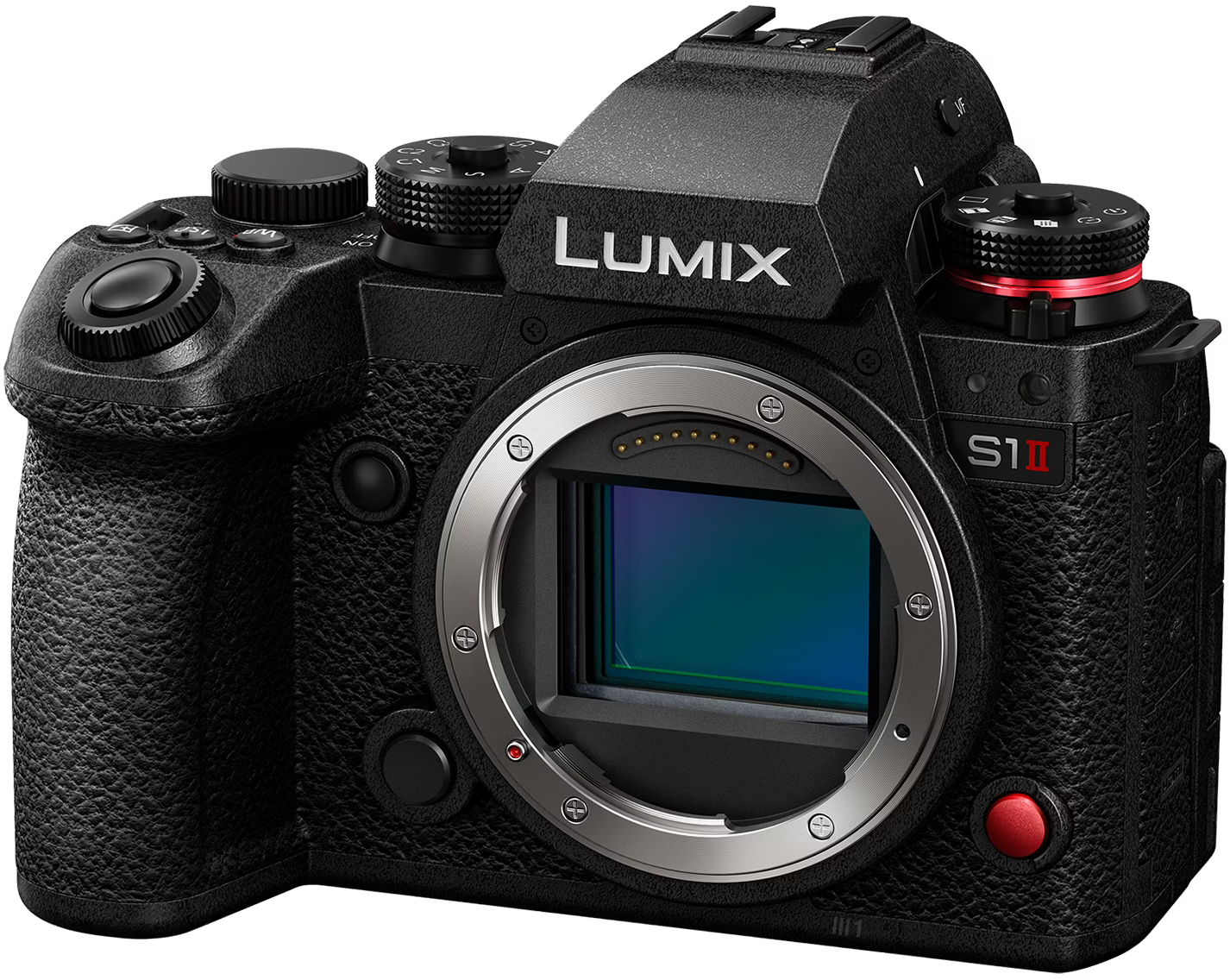 Boîtier de caméra noir Lumix S1 II avec monture d'objectif et capteur exposés sur fond noir.