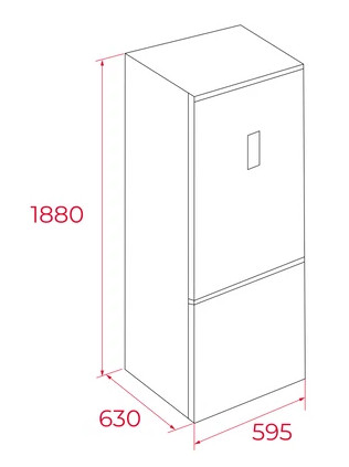 Rysunek liniowy lodówki z czerwonymi wymiarami 1880x595x630 mm.
