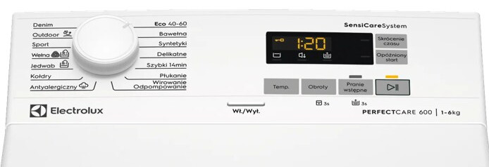 Biały panel sterowania pralki Electrolux PerfectCare 600 z pokrętłem programów, wyświetlaczem i przyciskami.