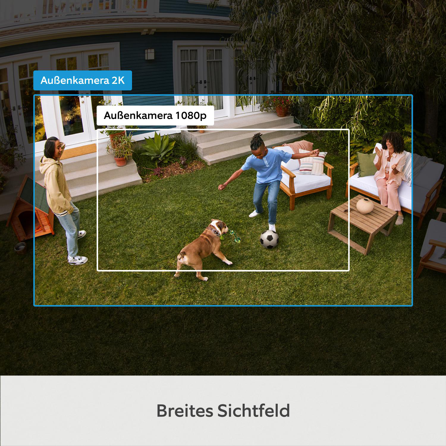 Kinder spielen mit einem Hund auf dem Rasen vor einem Haus, während eine Frau zusieht.