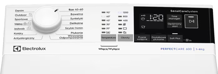 Panel sterowania białej pralki Electrolux PerfectCare 600 z pokrętłem i cyfrowym wyświetlaczem.