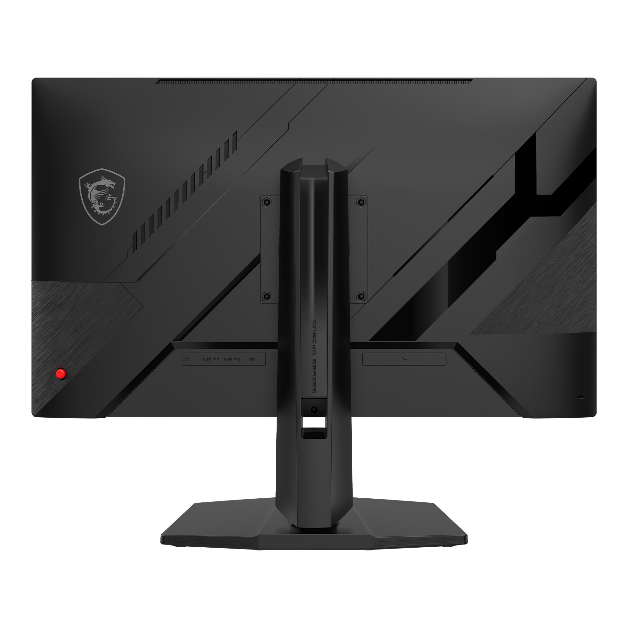 Rückansicht eines schwarzen Monitors mit Ständer, MSI-Logo und Anschlüssen.