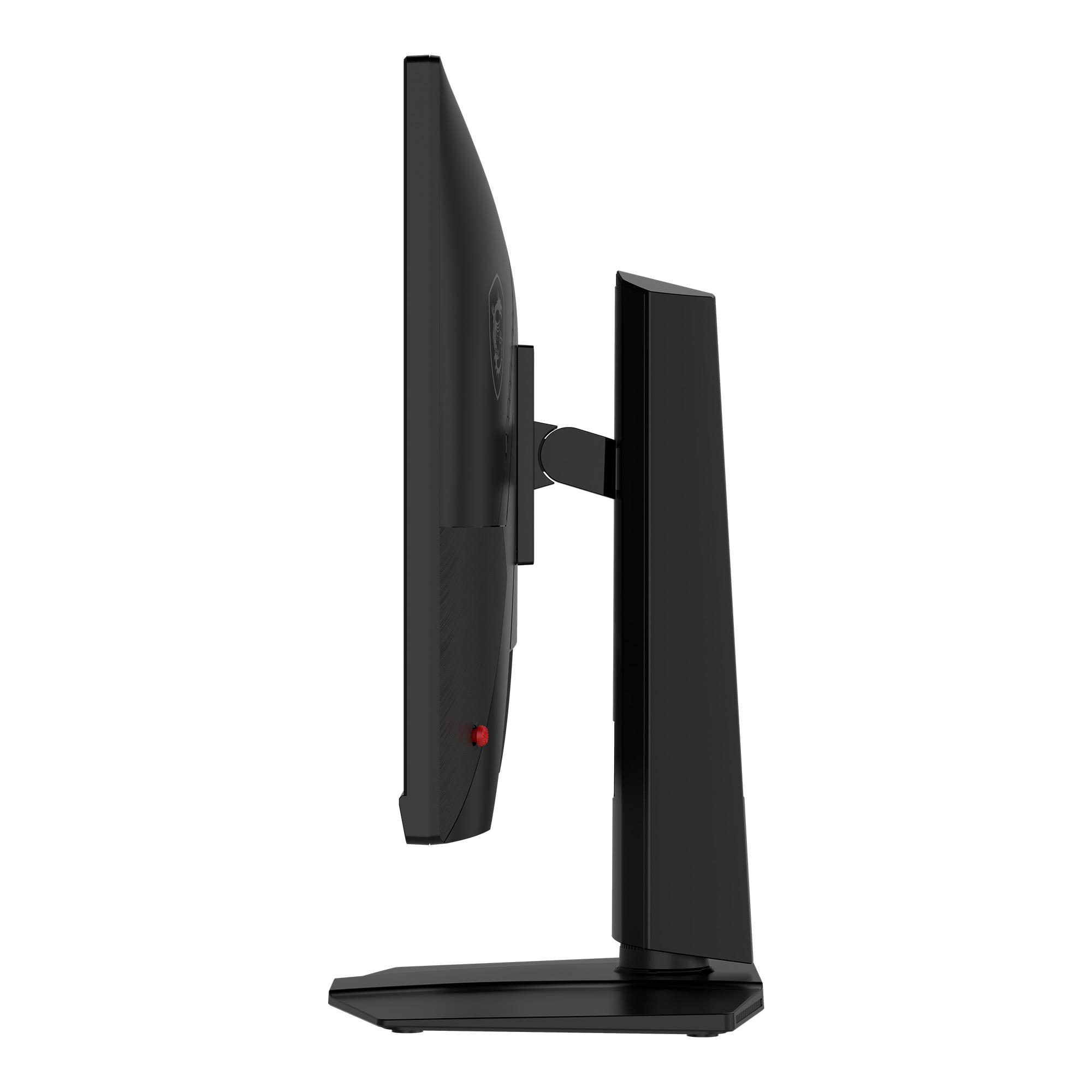 Seitenansicht eines schwarzen Monitors mit Ständer auf weißem Hintergrund.