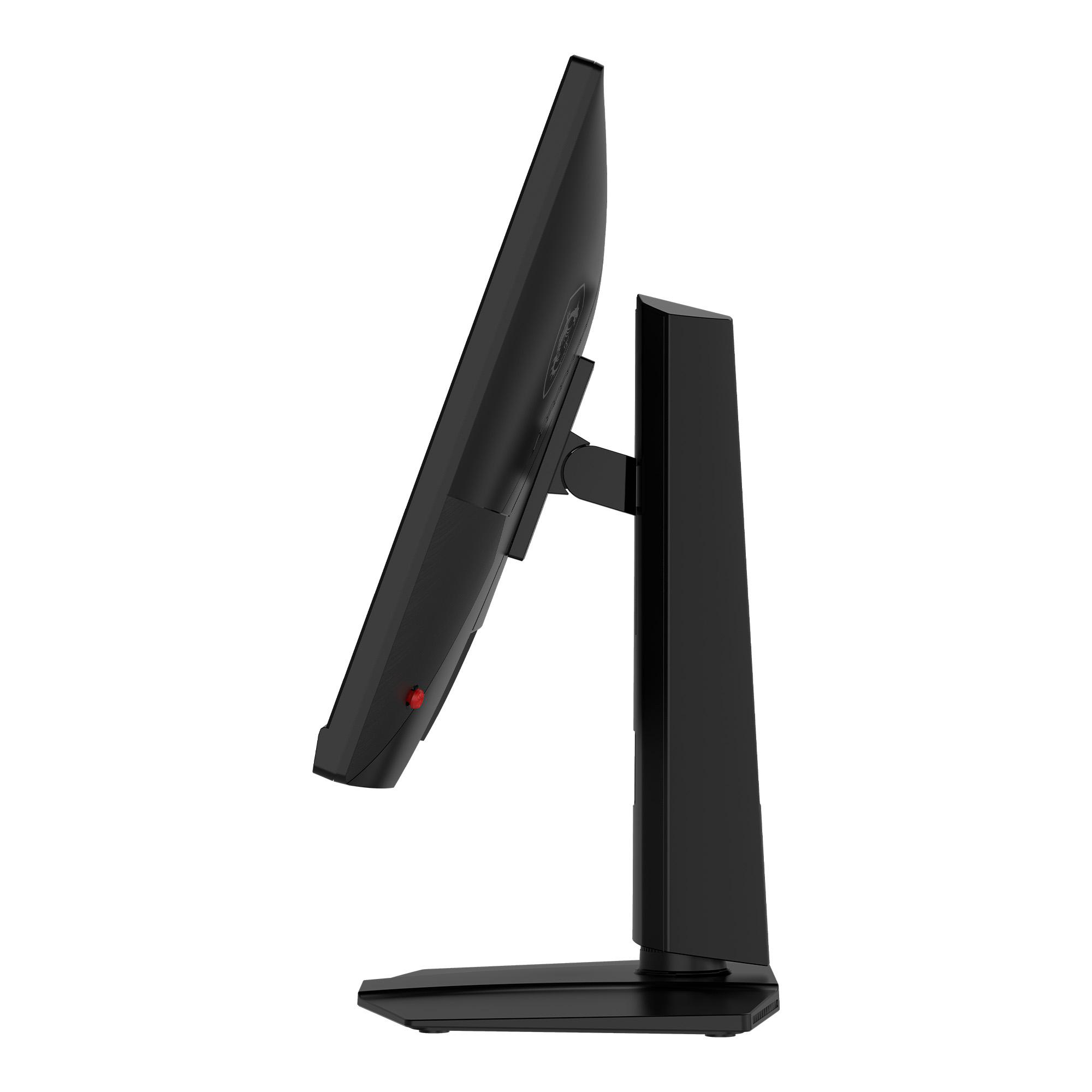 Seitenansicht eines schwarzen Computerbildschirms auf einem stabilen Standfuß vor weißem Hintergrund.