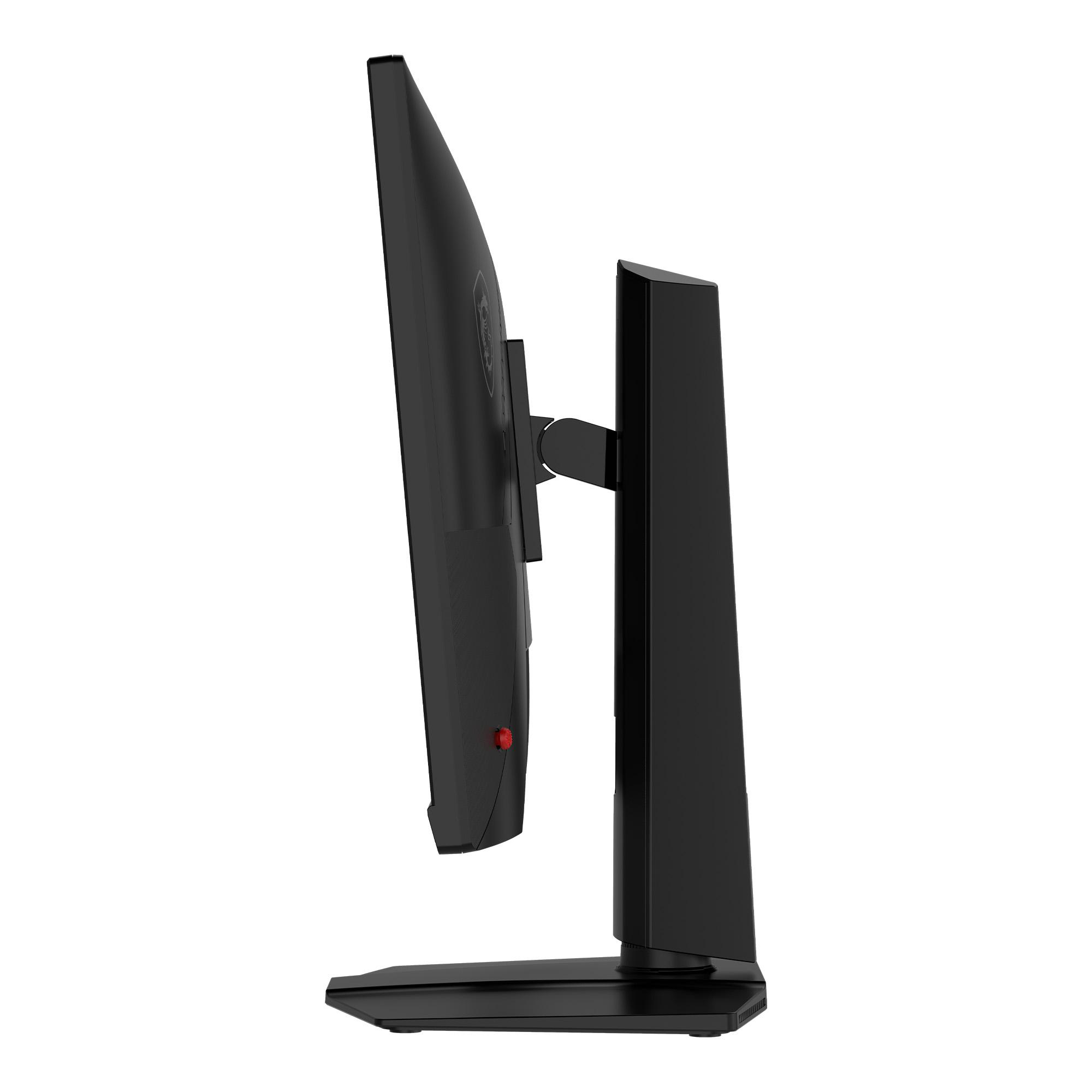 Seitenansicht eines schwarzen Computermonitors auf einem Ständer mit einem roten Knopf.