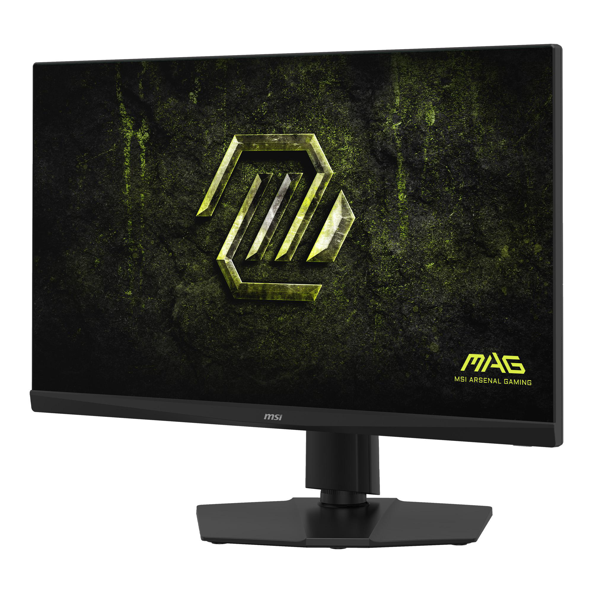 Ein schwarzer MSI Gaming-Monitor mit grünem Wallpaper und MAG-Logo.