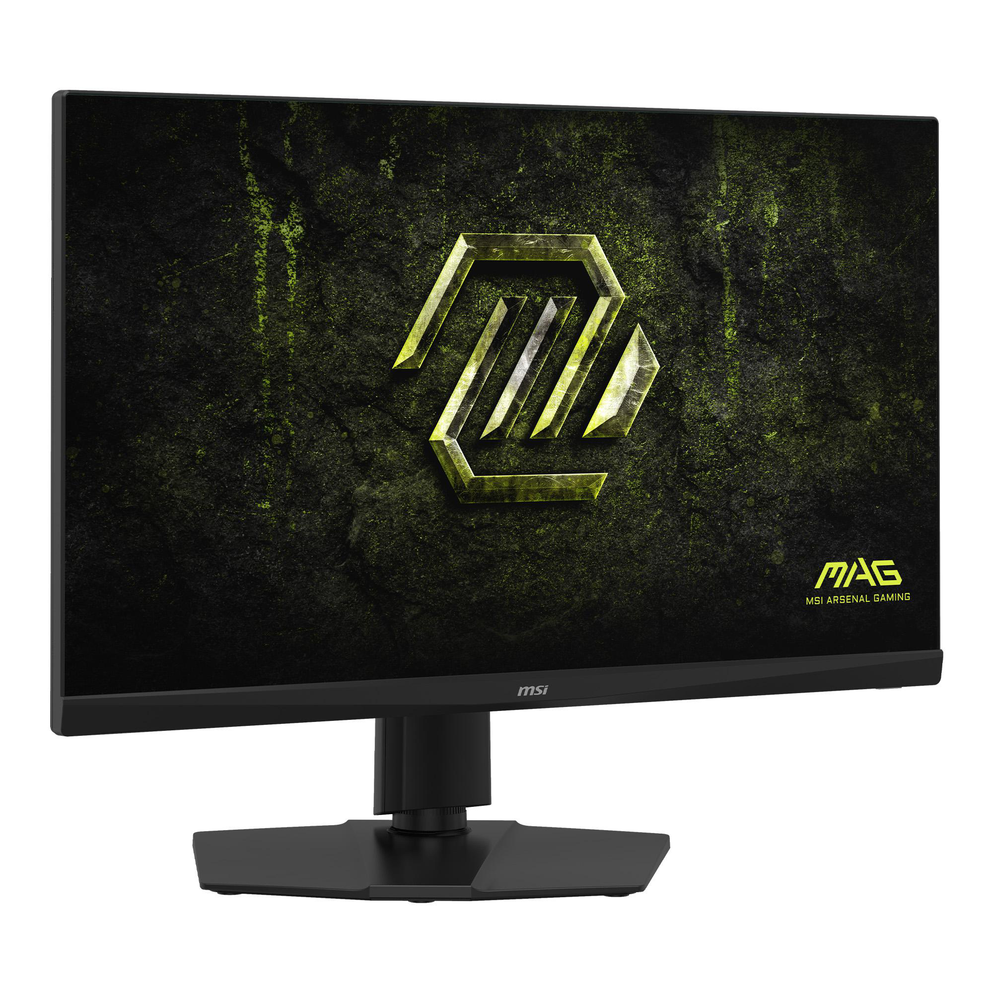 Ein schwarzer MSI Gaming-Monitor mit leuchtend grünem MAG-Logo auf strukturiertem Hintergrund.