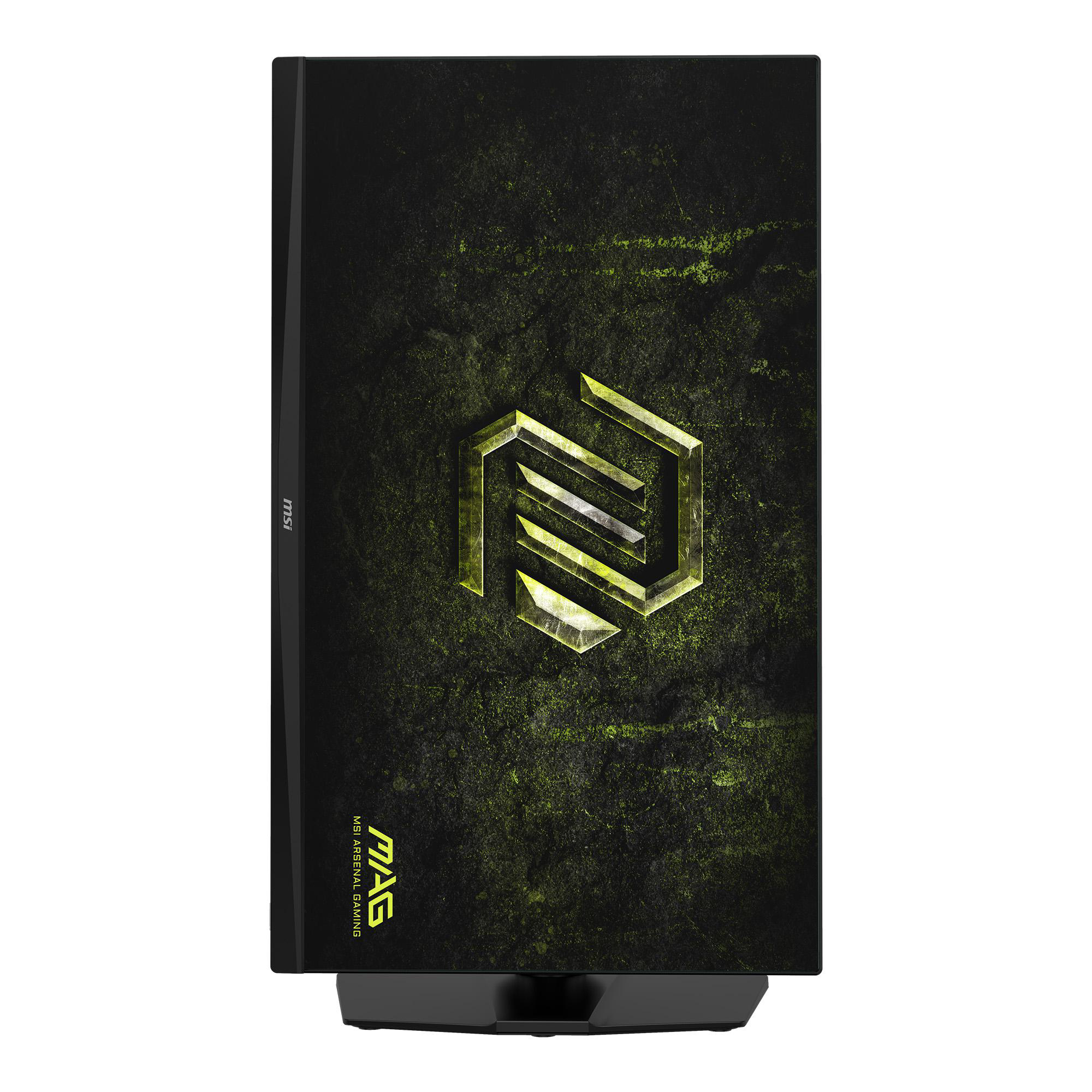 Ein schwarzes PC-Gehäuse mit strukturierter Front und goldenem MSI MAG Logo in der Mitte.