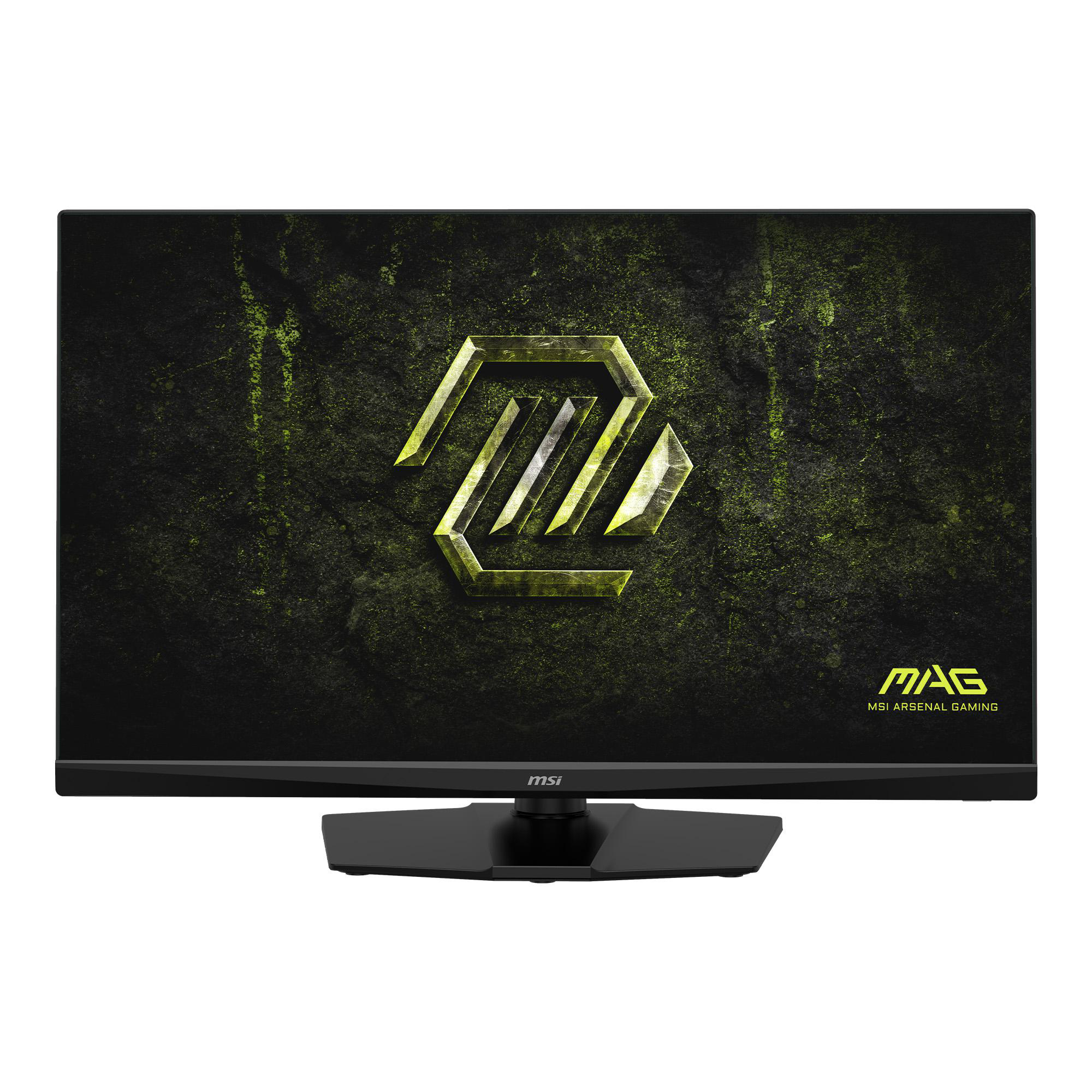 Ein schwarzer MSI-Gaming-Monitor zeigt einen grünen, strukturierten Hintergrund mit dem goldenen MSI MAG-Logo.