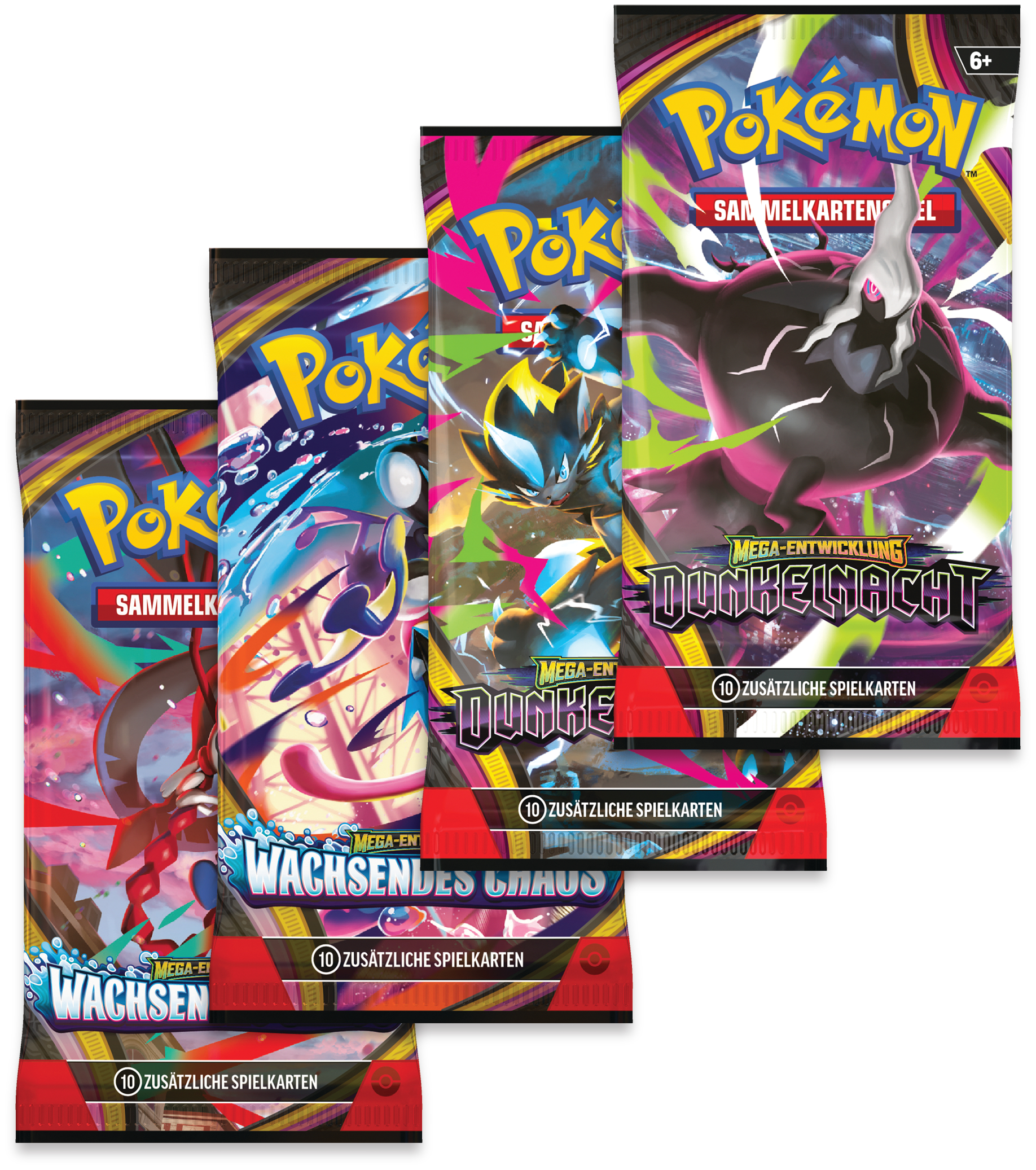 Vier bunte deutsche Pokémon-Sammelkartenspiel-Boosterpacks mit verschiedenen Charakteren auf weißem Hintergrund.