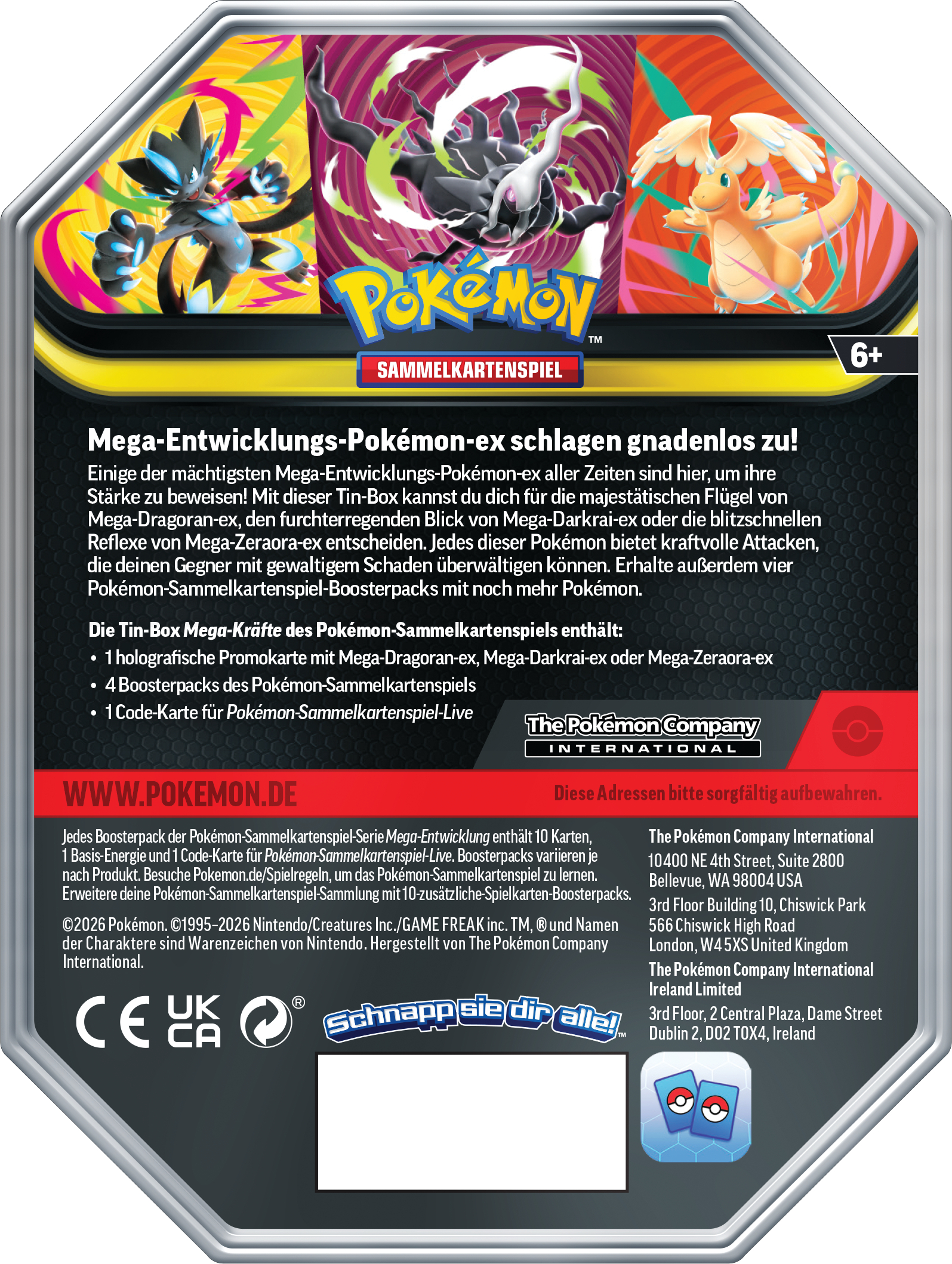 Rückseite einer Pokémon Sammelkarten-Tin-Box mit Texten und Bildern von Mega-Zeraora, Mega-Darkrai und Mega-Dragoran.