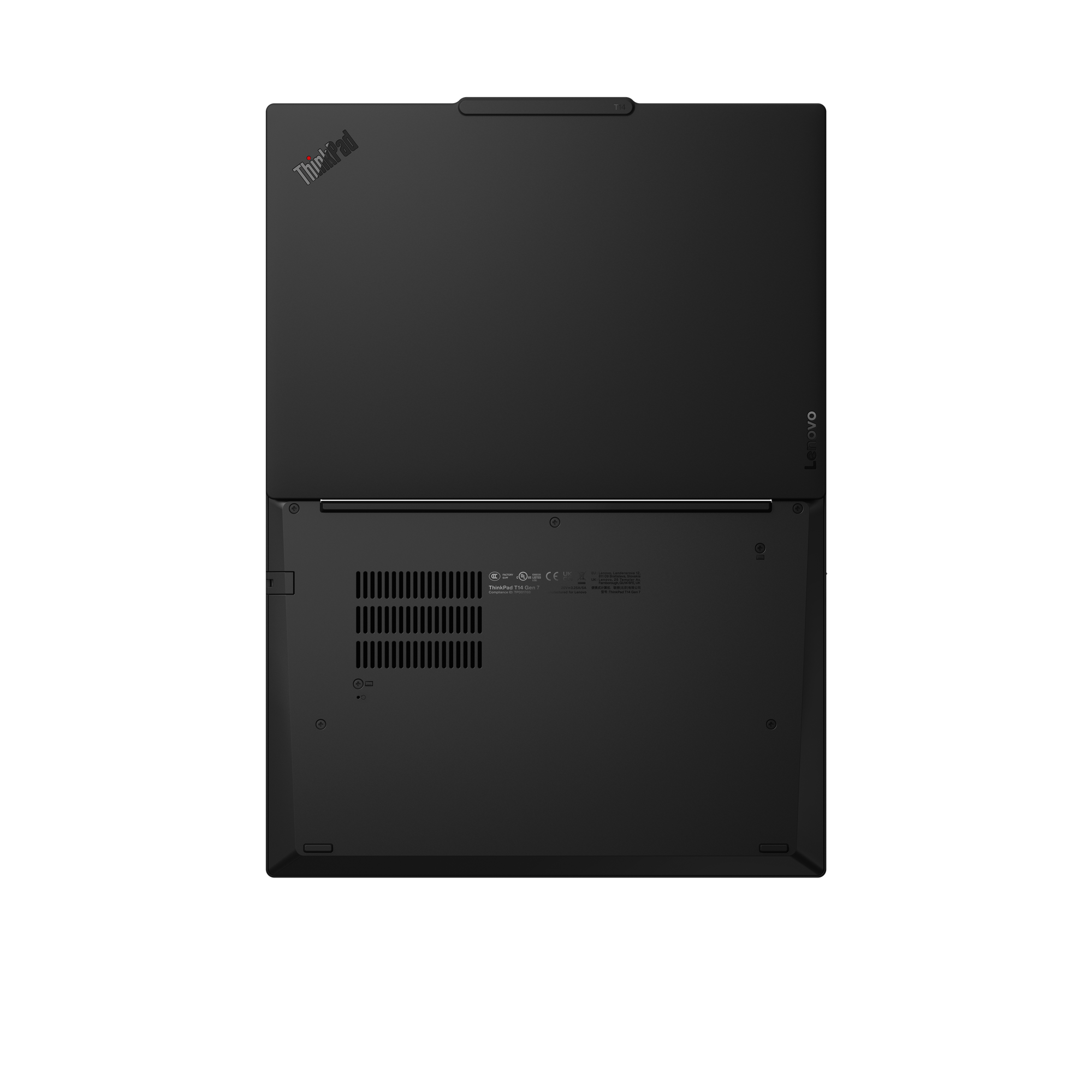 Unterseite eines schwarzen Lenovo ThinkPad Laptops mit Kühlungsgittern und Markierungen gegen dunklem Hintergrund.
