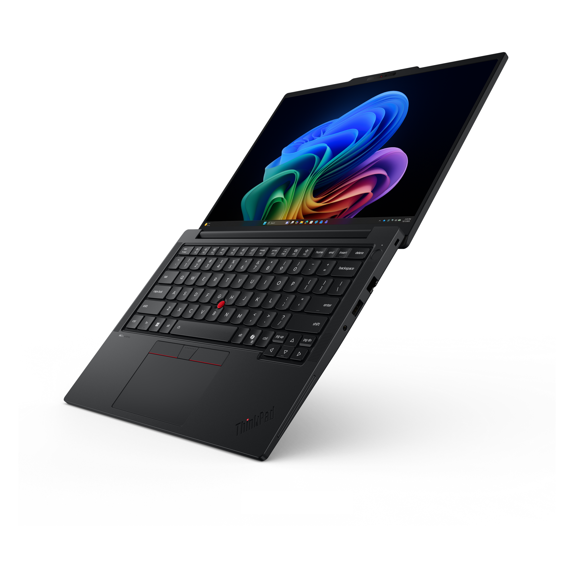Schwarzer Laptop mit geöffnetem Bildschirm zeigt ein buntes abstraktes Muster auf schwarzem Hintergrund.