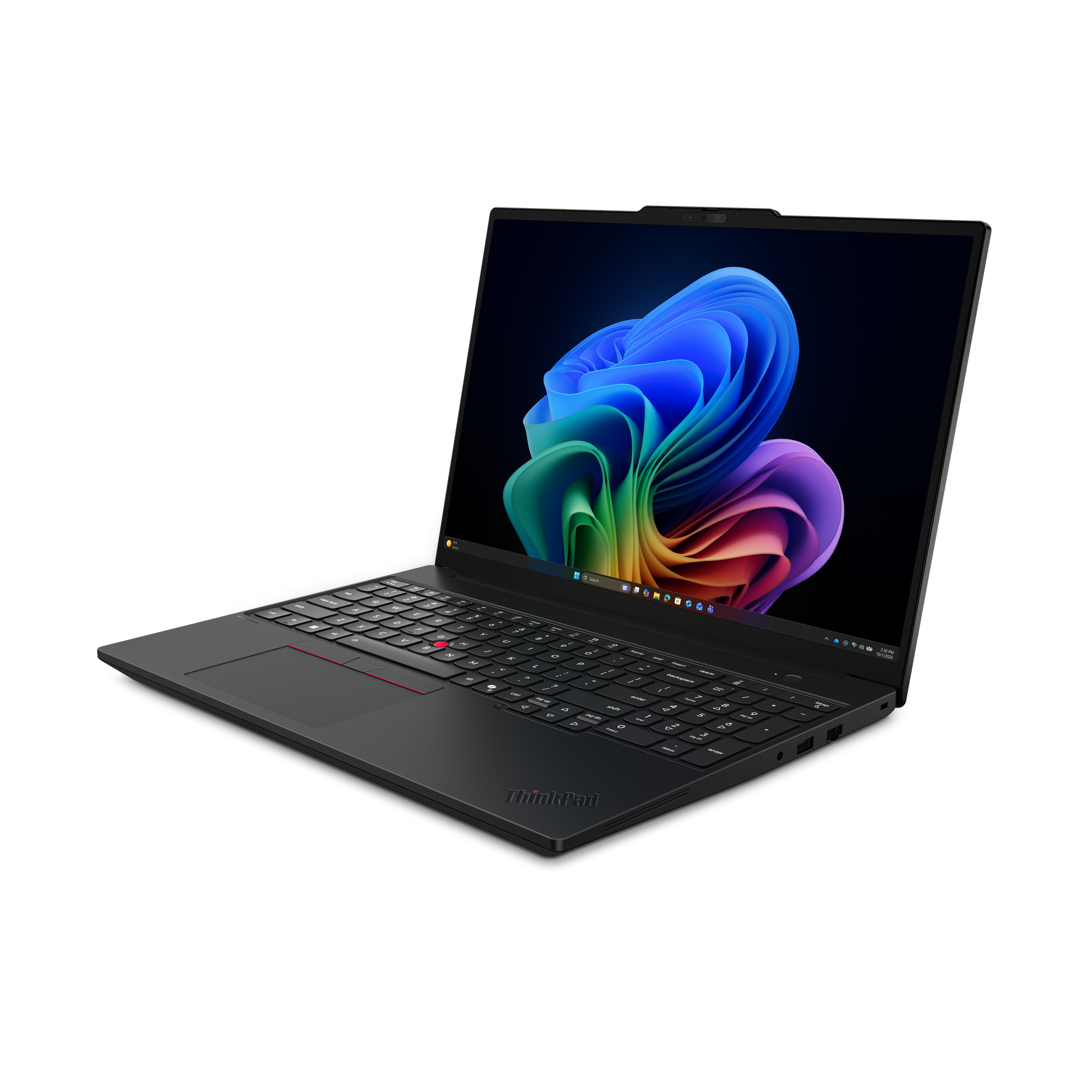Ein schwarzer ThinkPad Laptop mit einem bunten abstrakten Hintergrundbild auf dem Bildschirm gegen schwarzem Hintergrund.