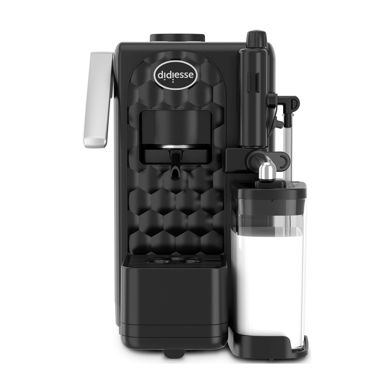 Macchina da caffè espresso Didiesse nera con texture a nido d'ape e contenitore del latte.
