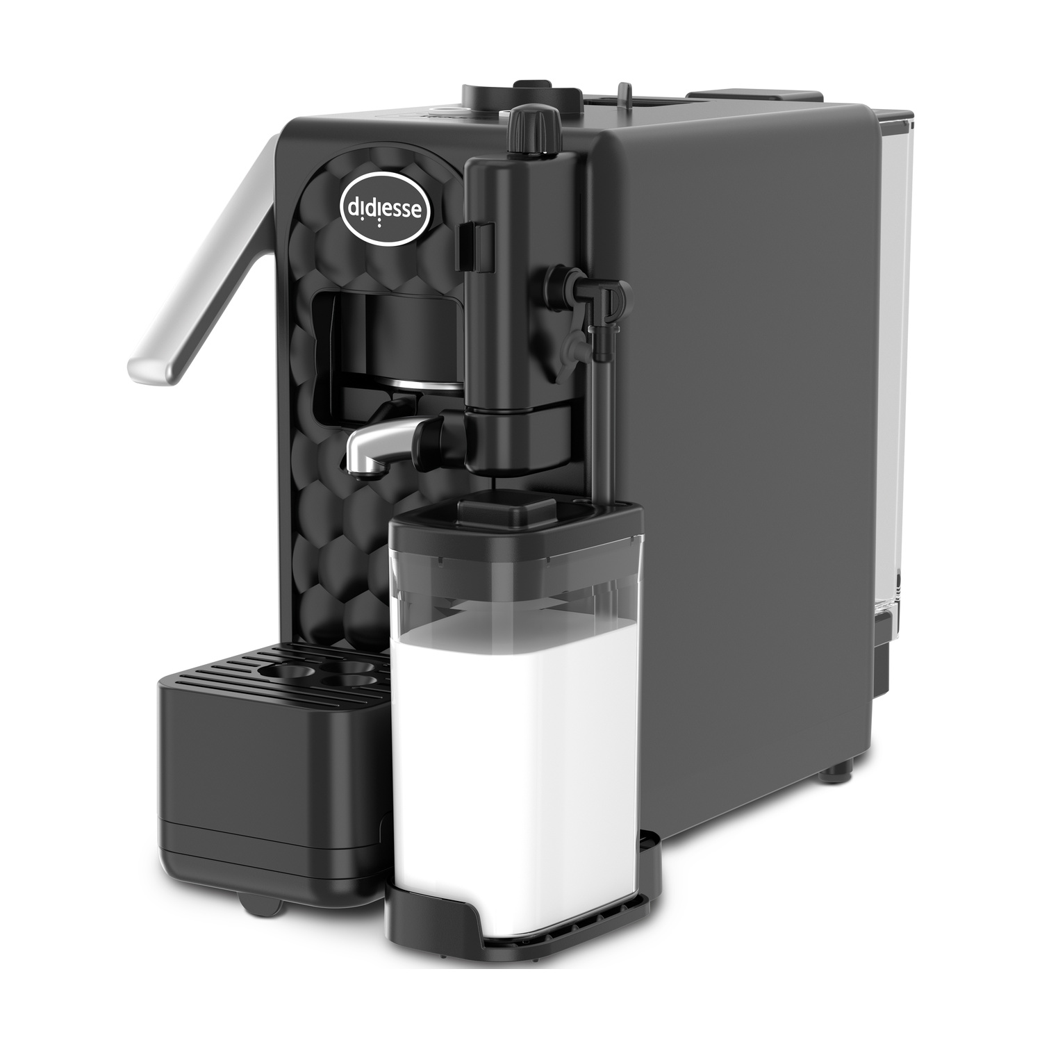 Macchina da caffè nera con contenitore per il latte e logo bianco su sfondo chiaro.