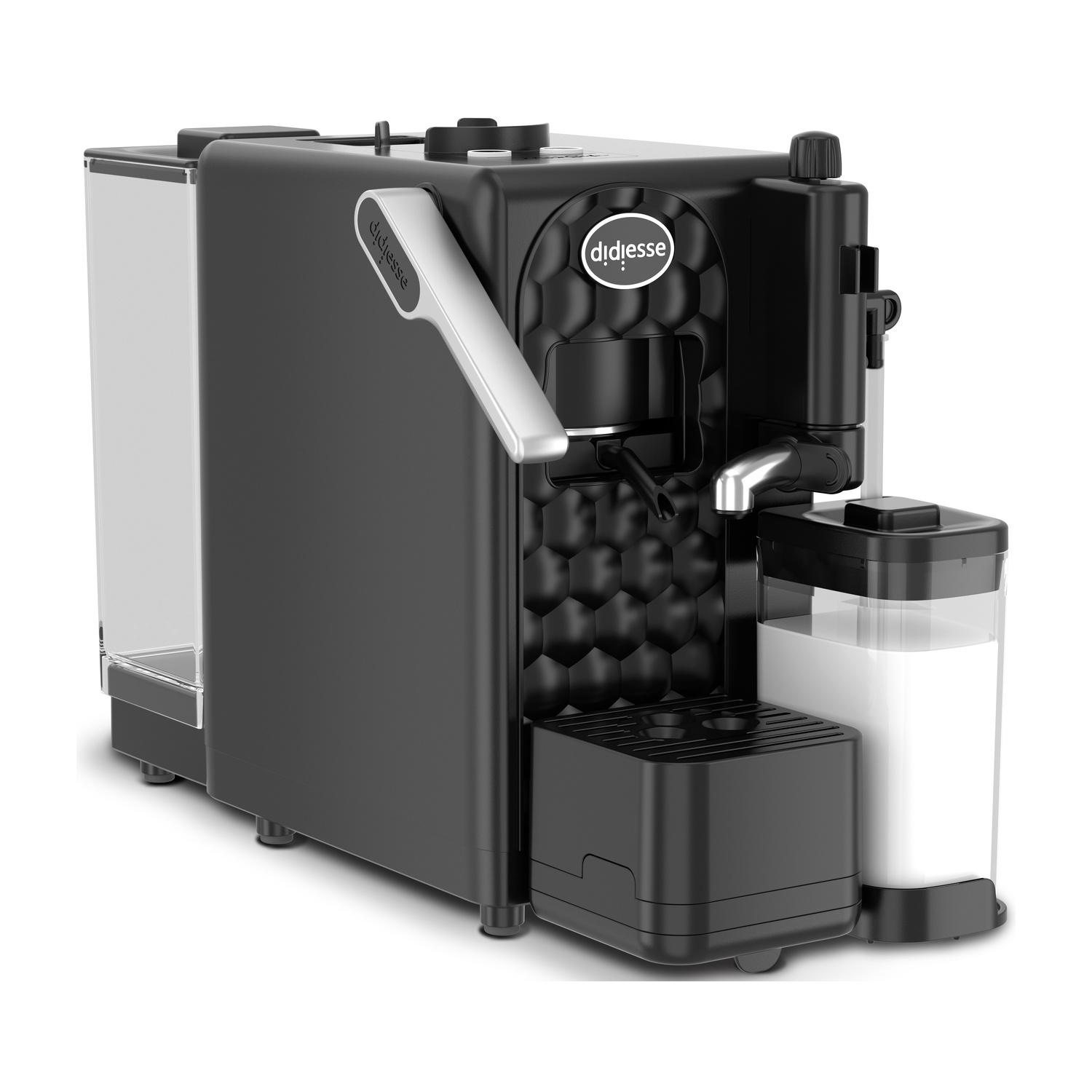 Una moderna macchina da caffè nera con contenitore per latte, serbatoio dell'acqua e leva.