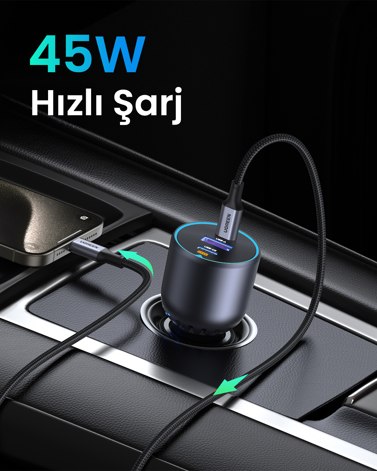 Bir arabada akıllı telefonu şarj eden takılı bir Ugreen 45W araç şarj cihazı.