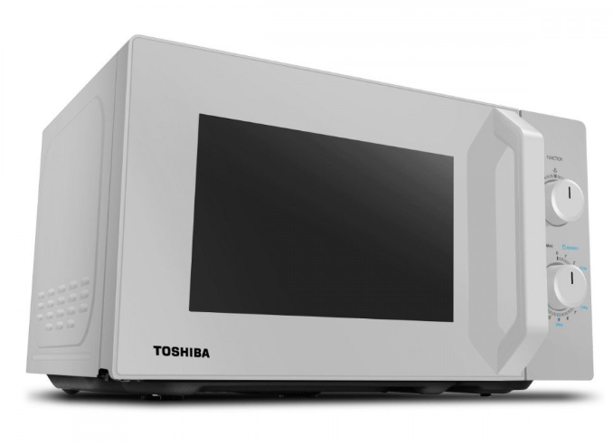 Biała kuchenka mikrofalowa Toshiba z uchwytem i dwoma pokrętłami po prawej stronie na białym tle.