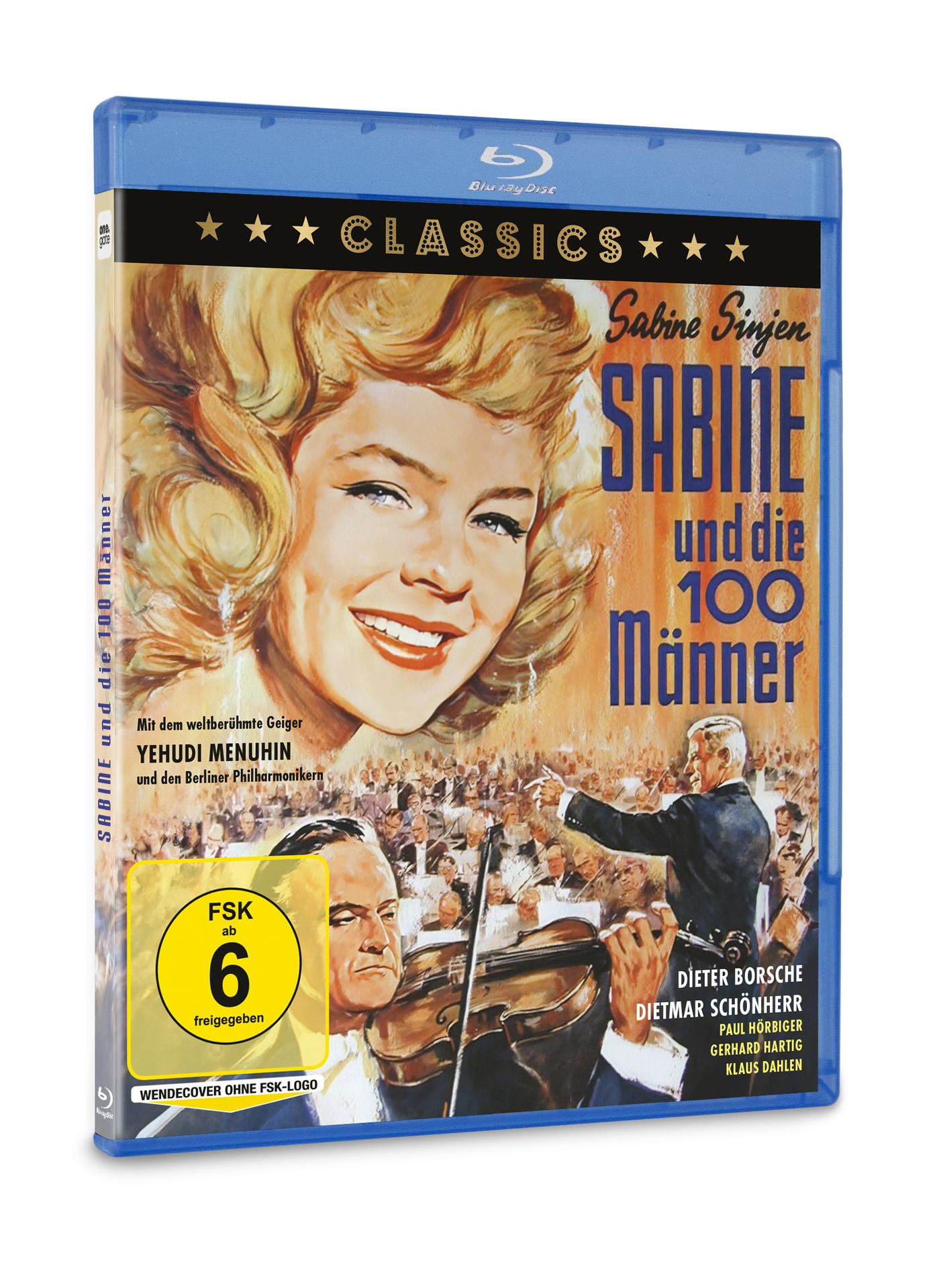 Blu-ray-Cover von Sabine und die 100 Männer mit blondem Frauenportrait, Orchester und FSK-6-Logo.