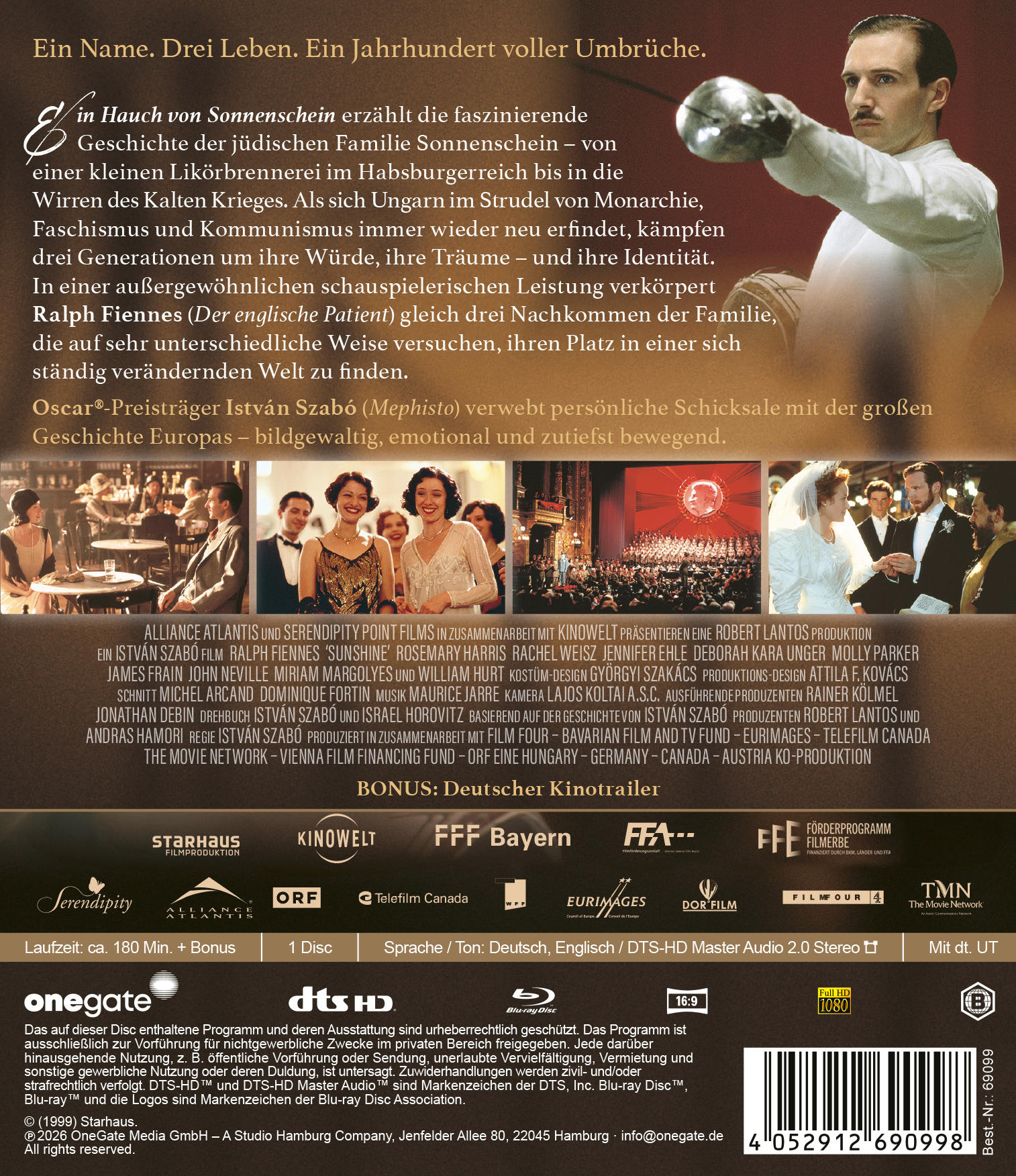 DVD-Cover des Films "Sunshine" mit Ralph Fiennes als Fechter, Filmszenen und Texten auf Deutsch.