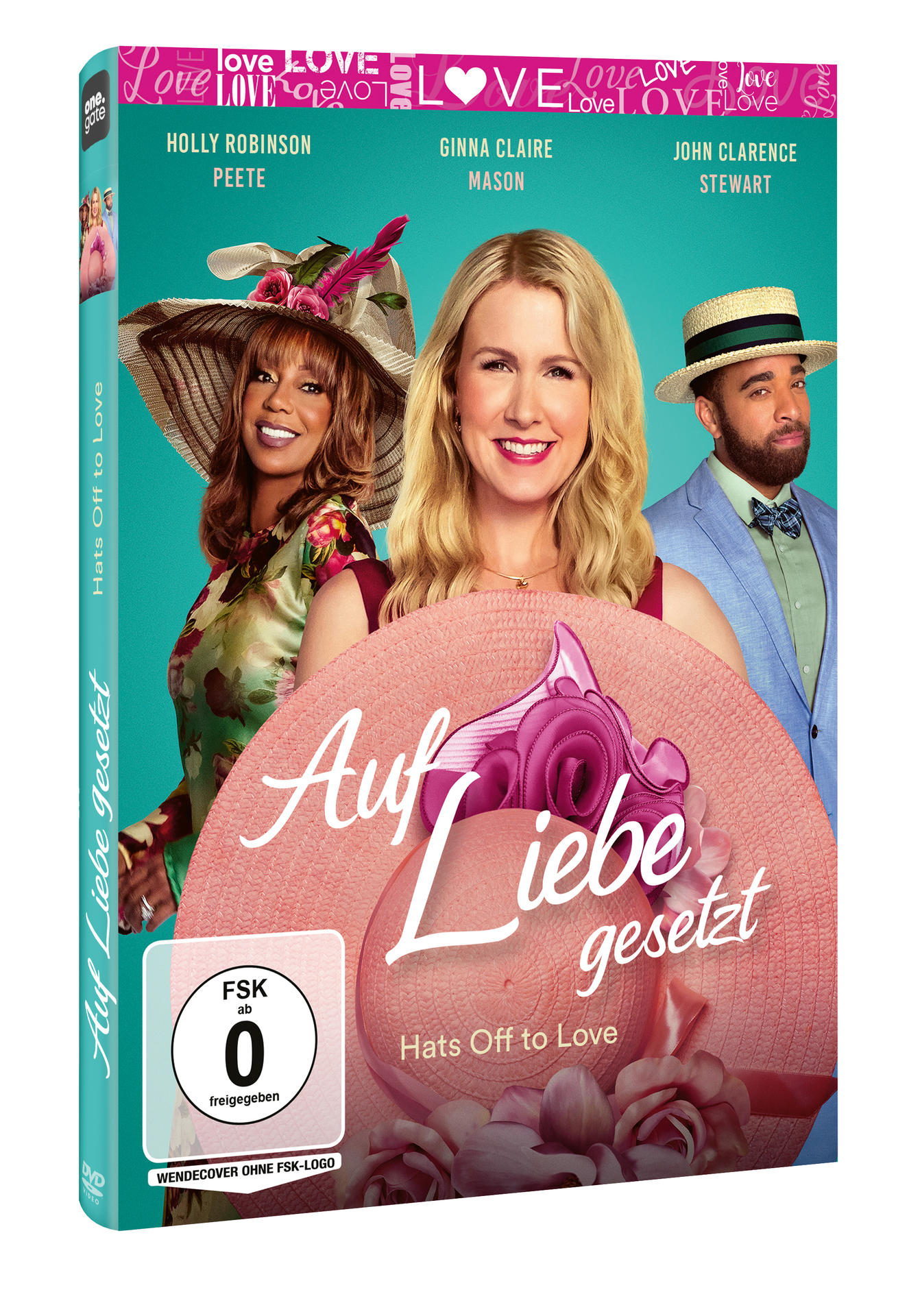 DVD-Cover von 'Auf Liebe gesetzt' mit drei Personen und Hüten vor türkisem Hintergrund.