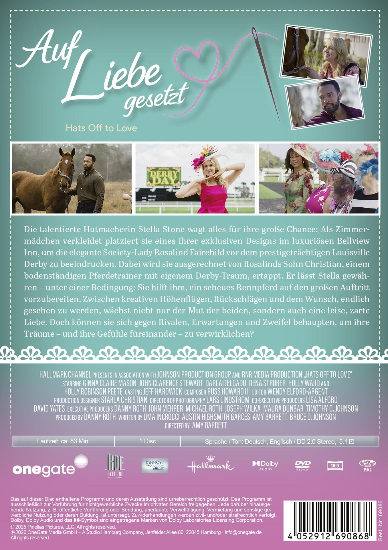 DVD-Cover der Romantikkomödie 'Auf Liebe gesetzt' mit Hauptdarstellern, Inhaltsangabe und grünem Hintergrund.