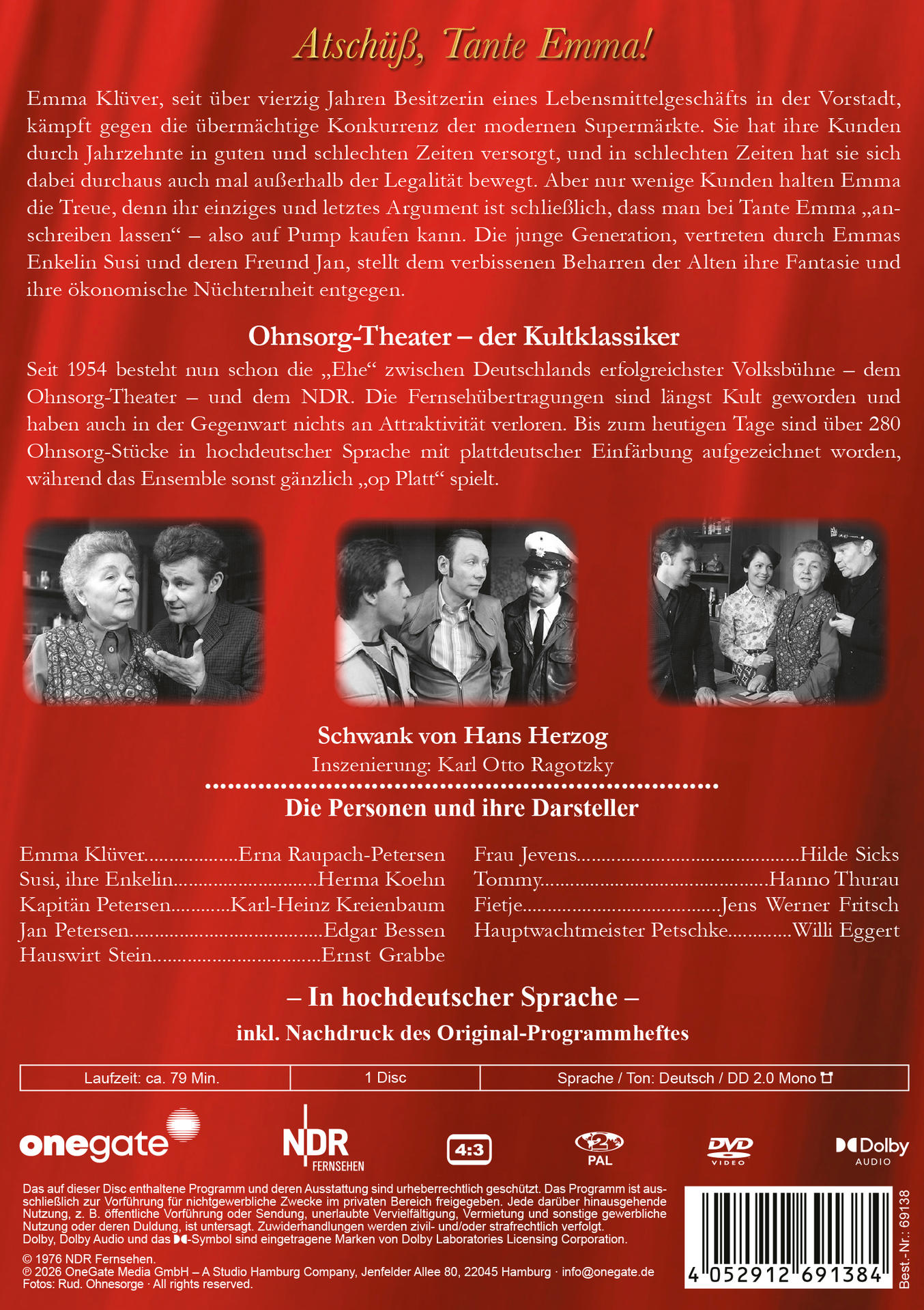 DVD-Cover der Ohnsorg-Theater-Produktion 'Atschüß, Tante Emma!' mit Text und drei Szenenfotos auf rotem Hintergrund.