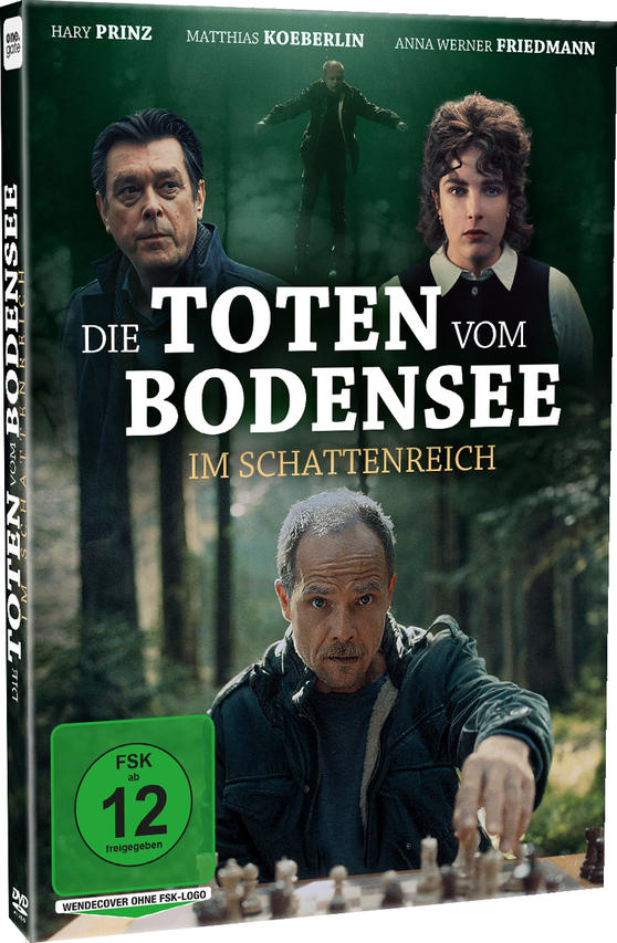 DVD-Cover von 'Die Toten vom Bodensee' mit drei Schauspielern, Waldhintergrund und einer Schachszene unten.
