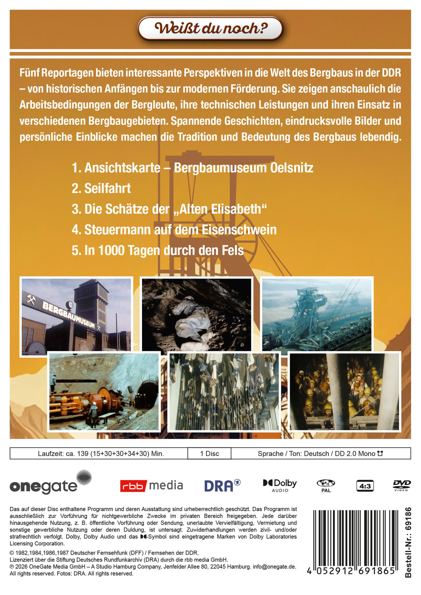 DVD-Cover mit Bergbau-Reportagen aus der DDR, historischen Fotos und Text auf gelbem Hintergrund.