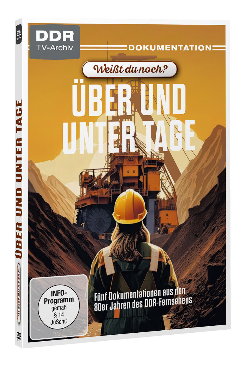 DVD-Cover "Über und Tage" mit einer Arbeiterin im Helm vor einem großen Bagger in einem Tagebau.
