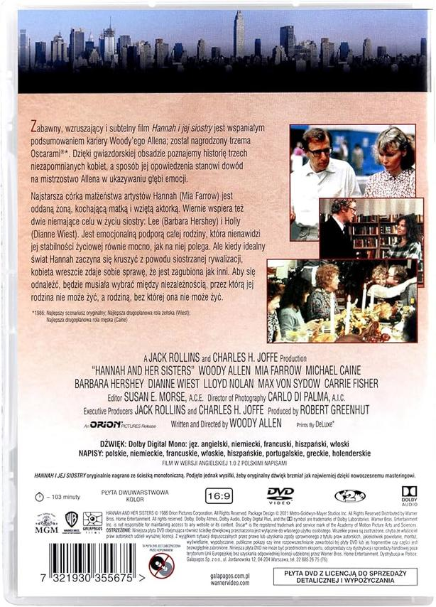 DVD-Hülle der Rückseite des Films Hannah und ihre Schwestern mit Text und Szenenbildern.