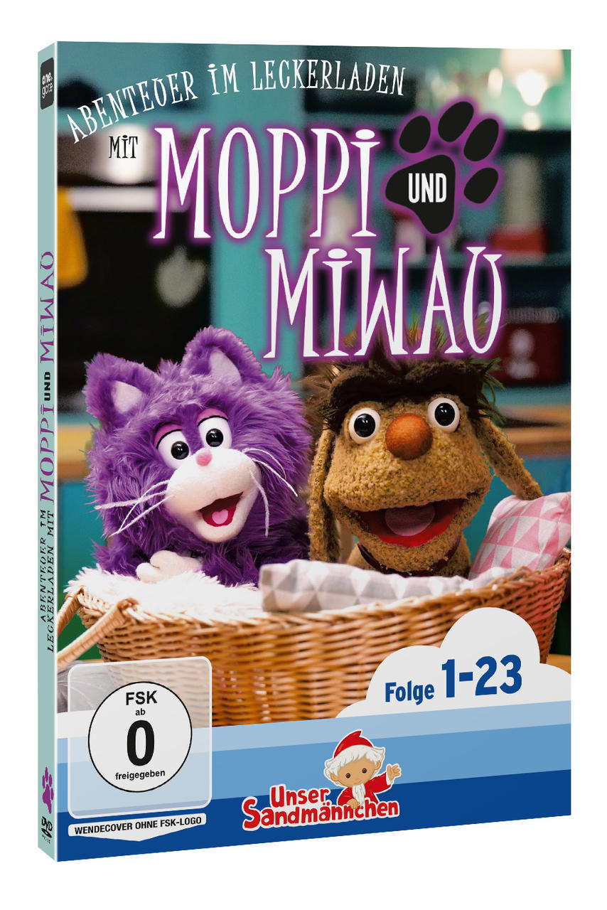 DVD-Cover mit den Puppen Moppi und Miwau in einem Korb, davor ein FSK 0 und Sandmännchen Logo.