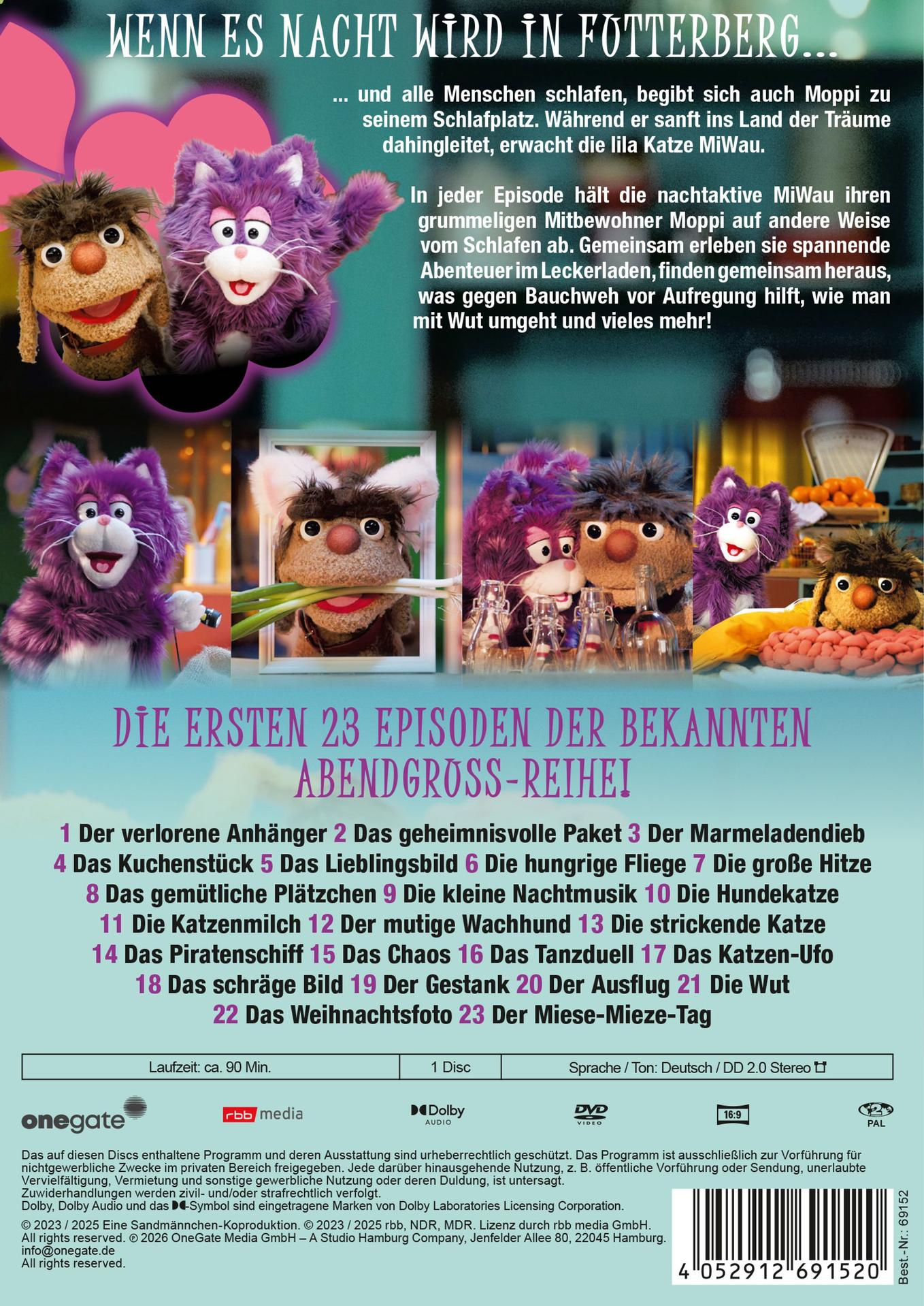 DVD-Cover mit Moppi und MiWau, Szenenbildern aus der Serie und deutscher Episodenliste.