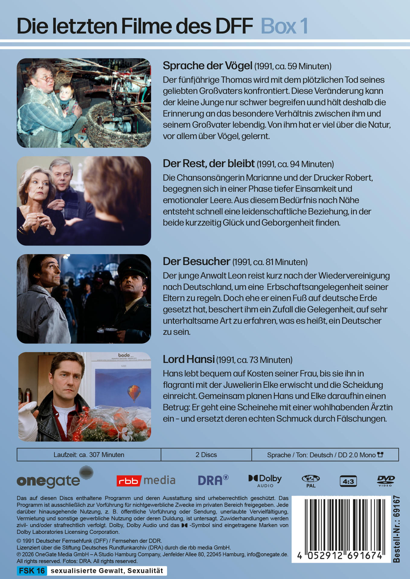 DVD-Cover "Die letzten Filme des DFF Box 1" mit vier Szenenbildern, Beschreibungen und Logos.