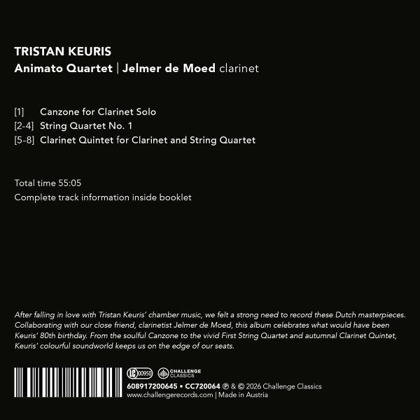 Rückseite einer Musik-CD mit Trackliste und Text über Tristan Keuris.