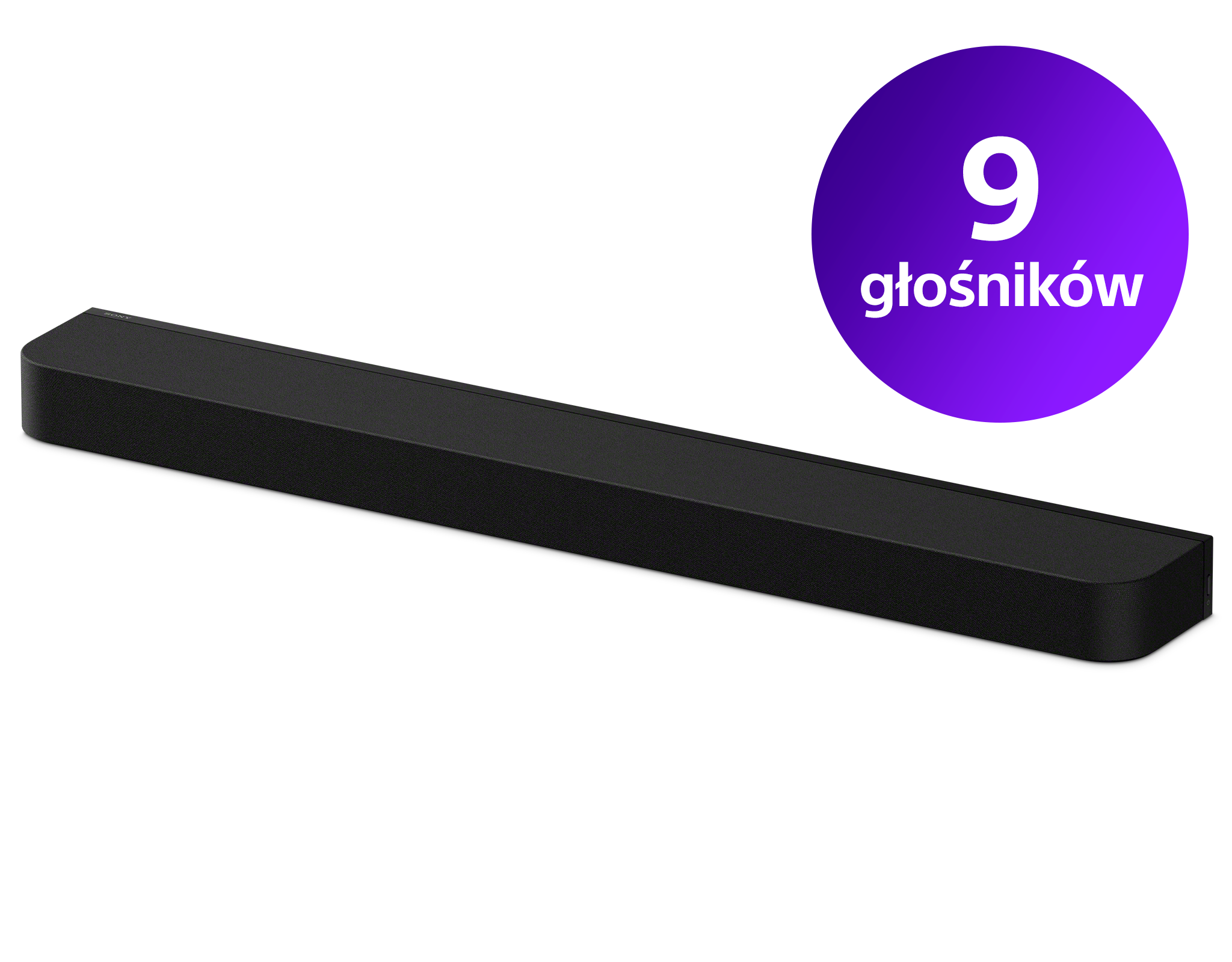 Czarny soundbar na ciemnym tle z fioletowym kołem w prawym górnym rogu z napisem "9 głośników".