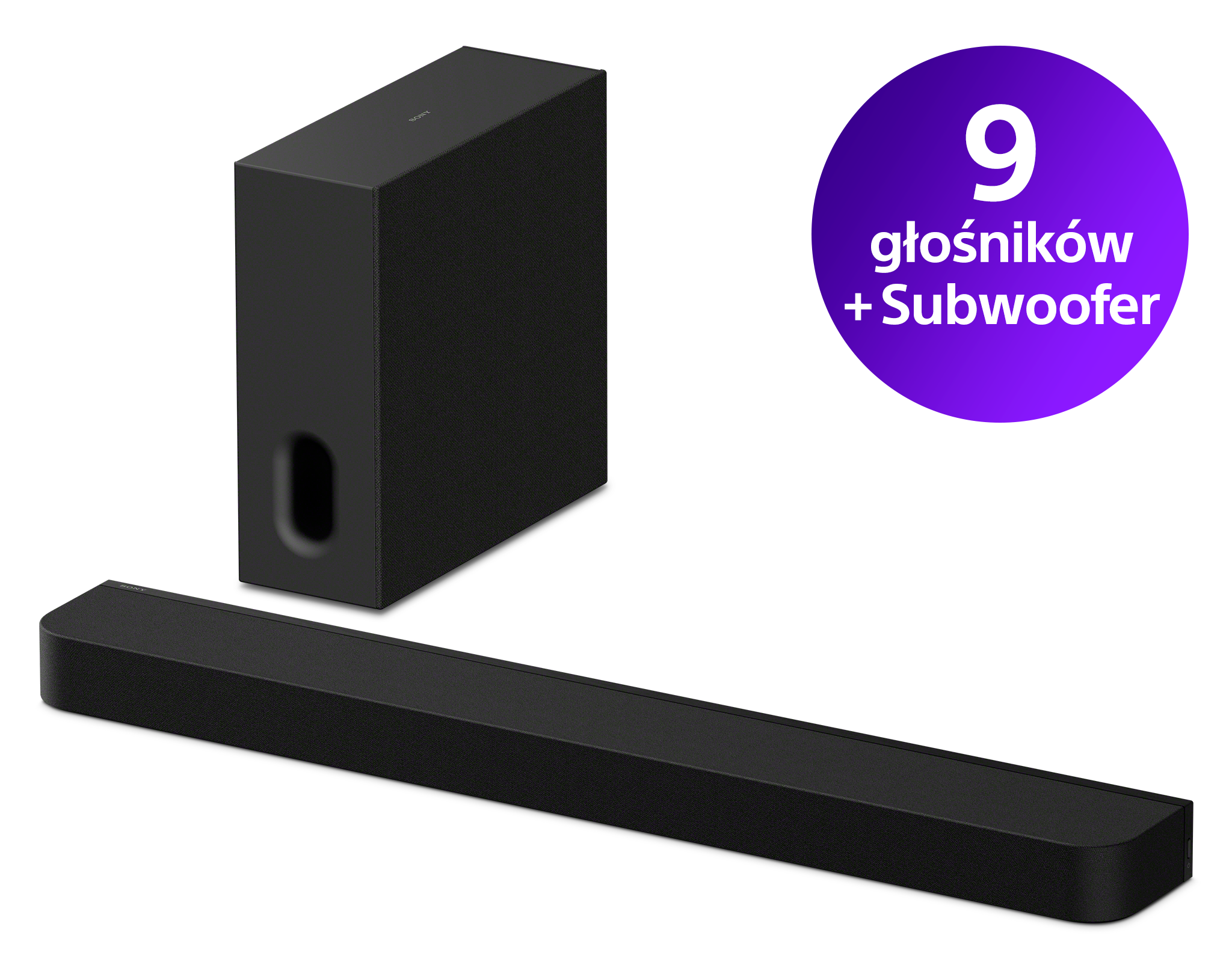 Czarny soundbar Sony z subwooferem na czarnym tle.