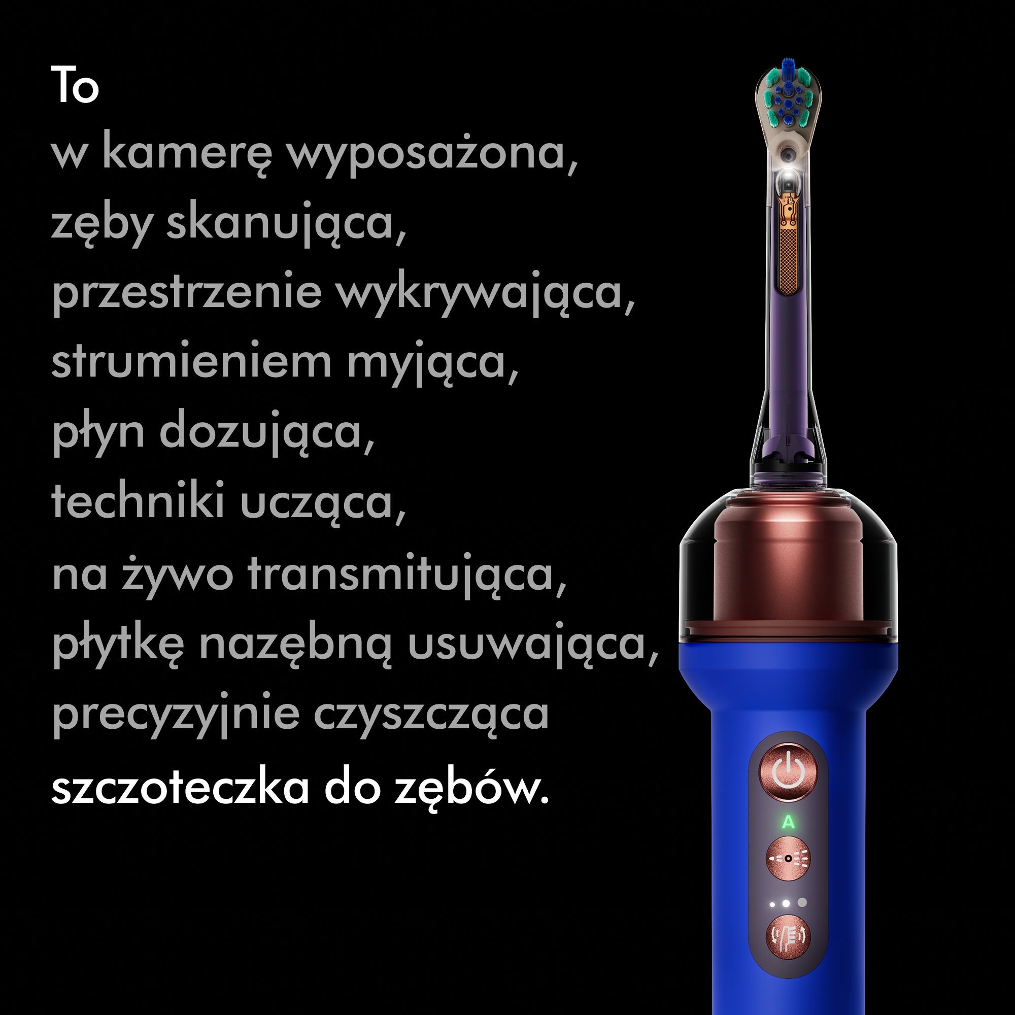 Niebieska szczoteczka do zębów z kamerą na czarnym tle z polskim tekstem.