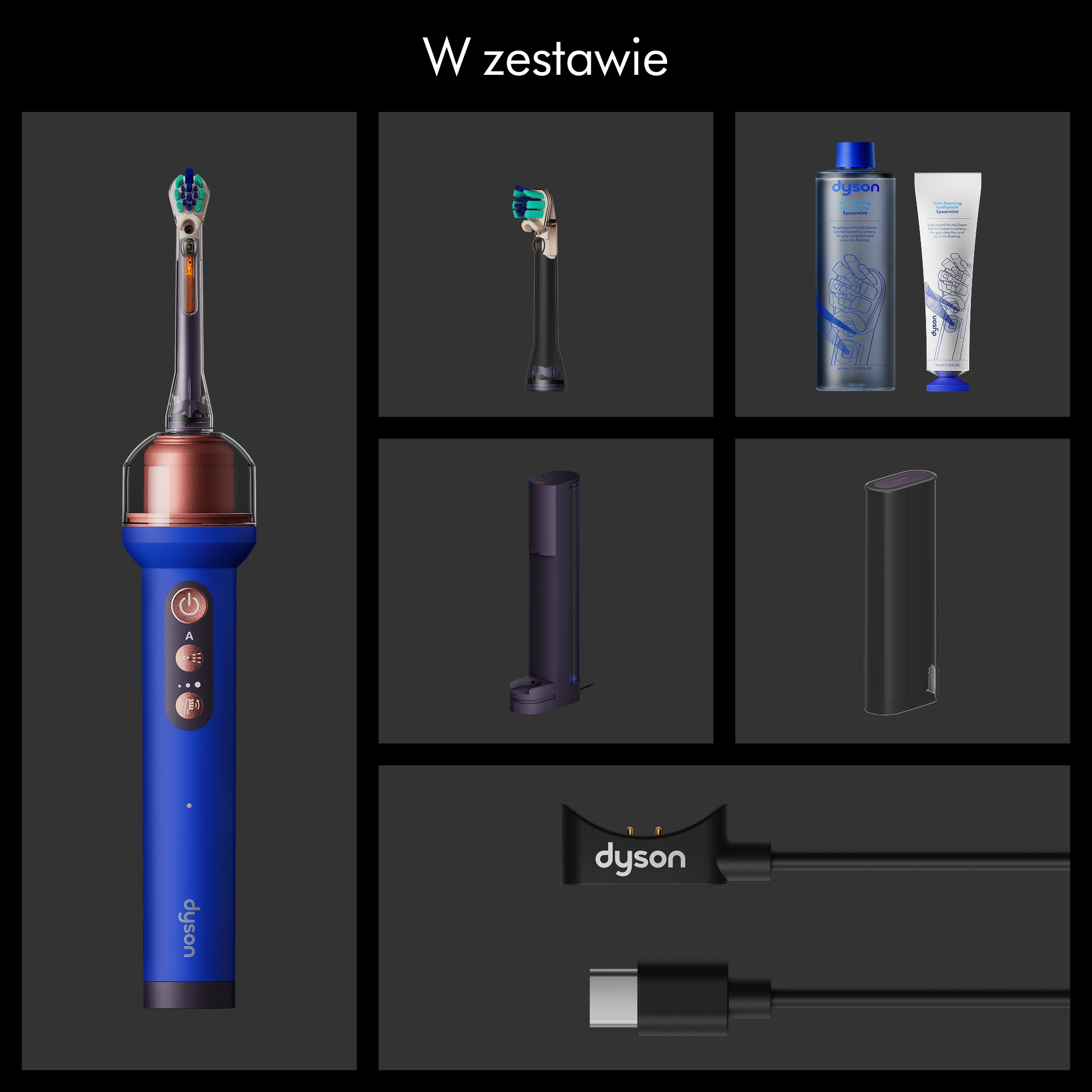 Zestaw szczoteczki Dyson z akcesoriami: zapasowe główki, płyn do płukania, pasta i ładowarka.
