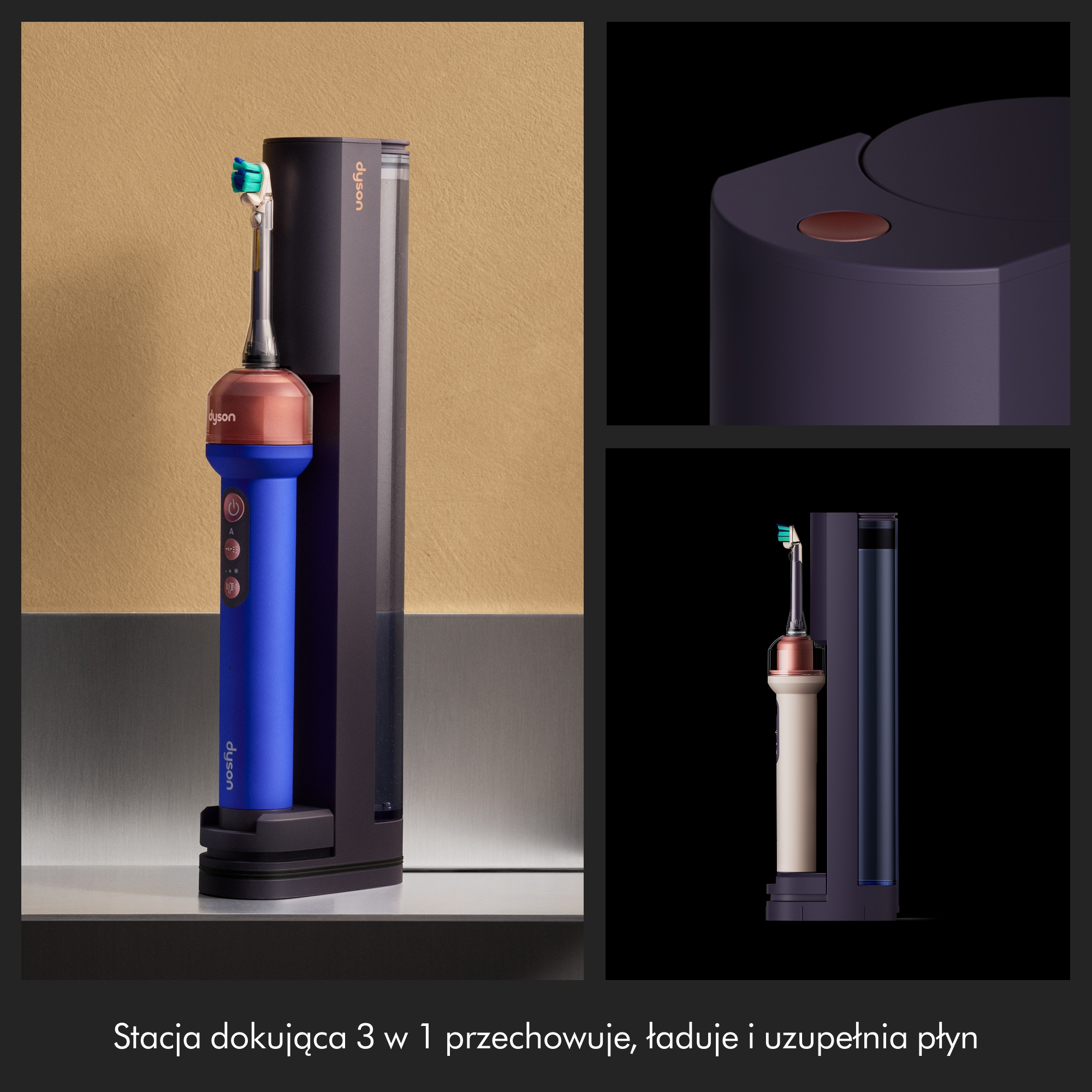 Fioletowo-niebieska szczoteczka Dyson w stacji dokującej, która przechowuje, ładuje i uzupełnia płyn.