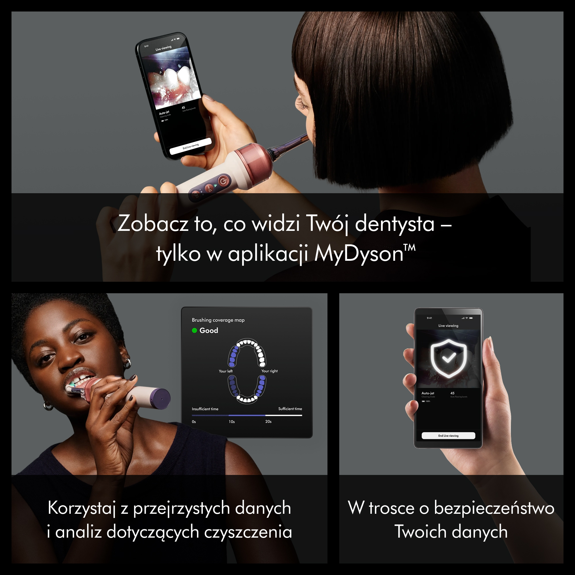 Kobieta używa inteligentnego urządzenia dentystycznego, oglądając na telefonie podgląd zębów i analizę szczotkowania.