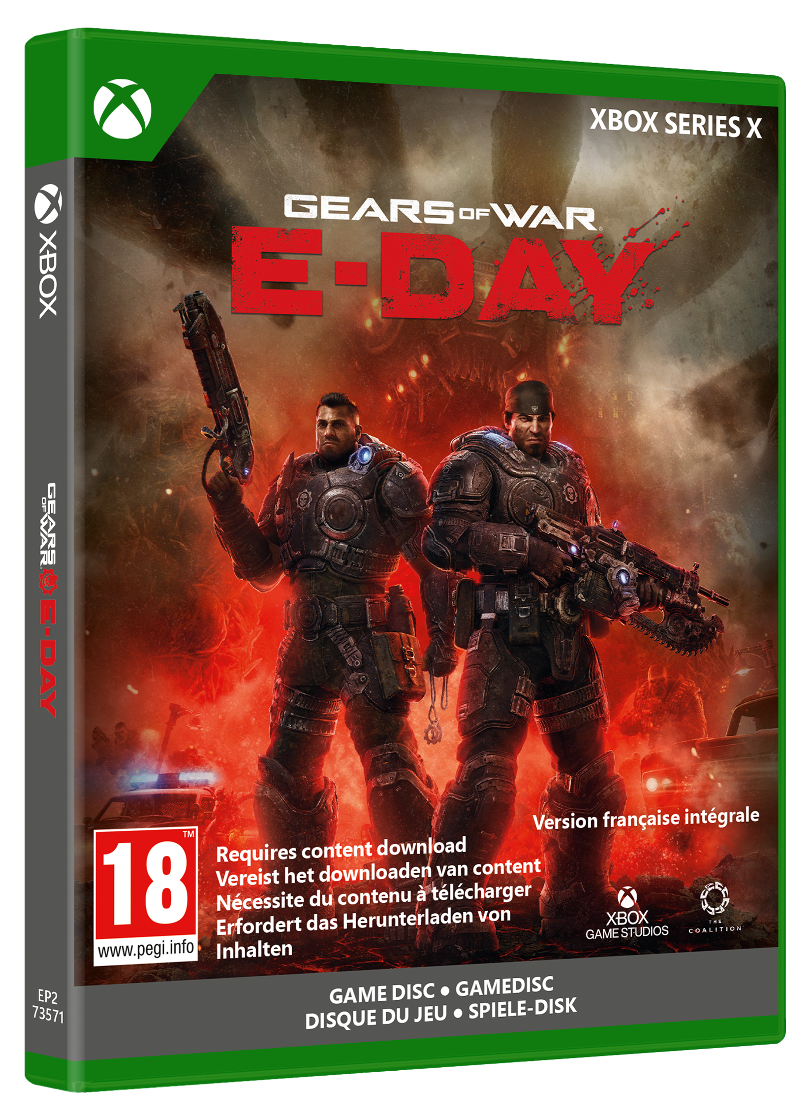 Xbox Series X Spielhülle von Gears of War E-Day mit zwei bewaffneten Soldaten vor brennender Kulisse.