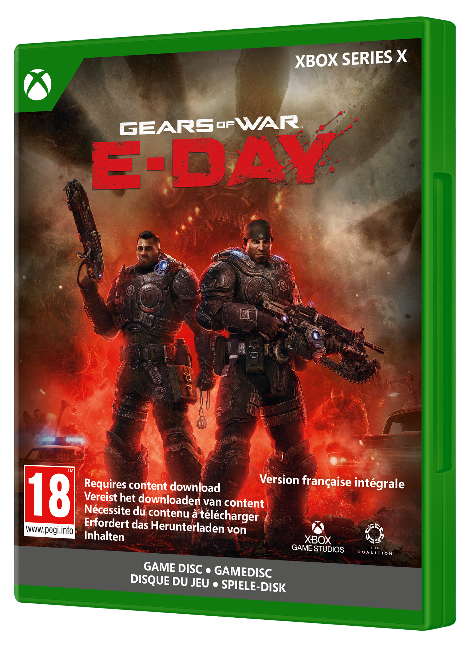 Xbox Series X-Spielhülle für Gears of War E-Day mit zwei gepanzerten Soldaten vor einer feurigen, zerstörten Kulisse.