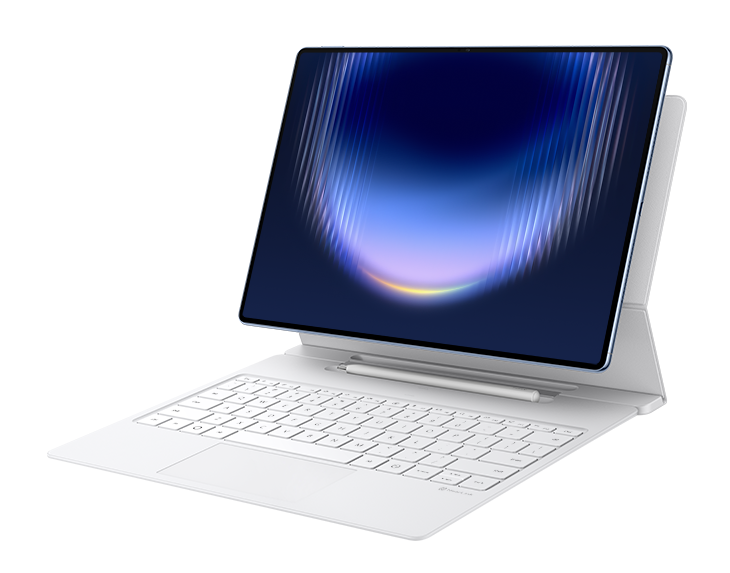 Biały tablet z klawiaturą i rysikiem na czarnym tle.
