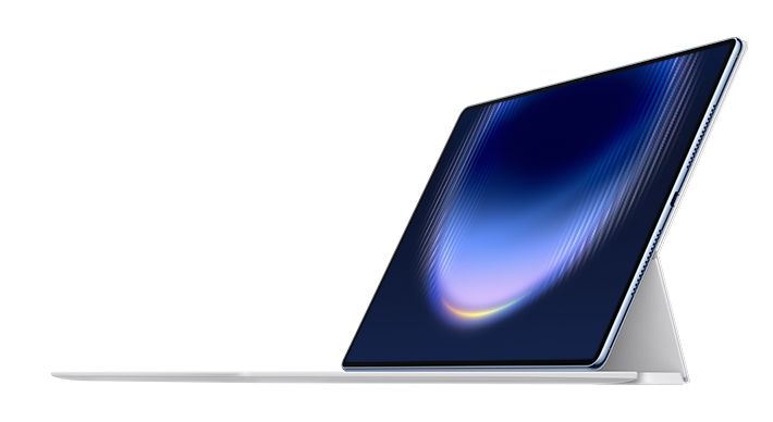 Srebrny tablet z niebieskim, zakrzywionym ekranem na czarnym tle.
