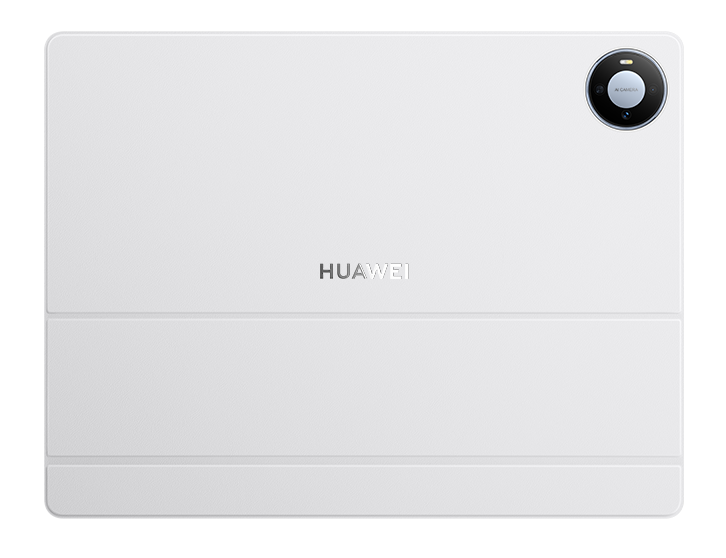 Tył białego tabletu Huawei w etui, z okrągłym modułem aparatu.