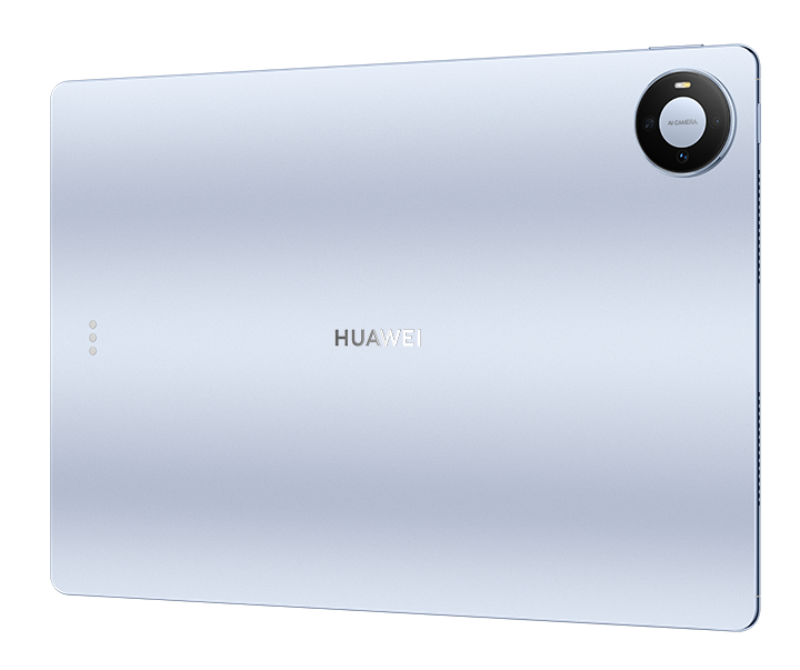 Tył srebrnego tabletu Huawei z okrągłym modułem aparatu na czarnym tle.